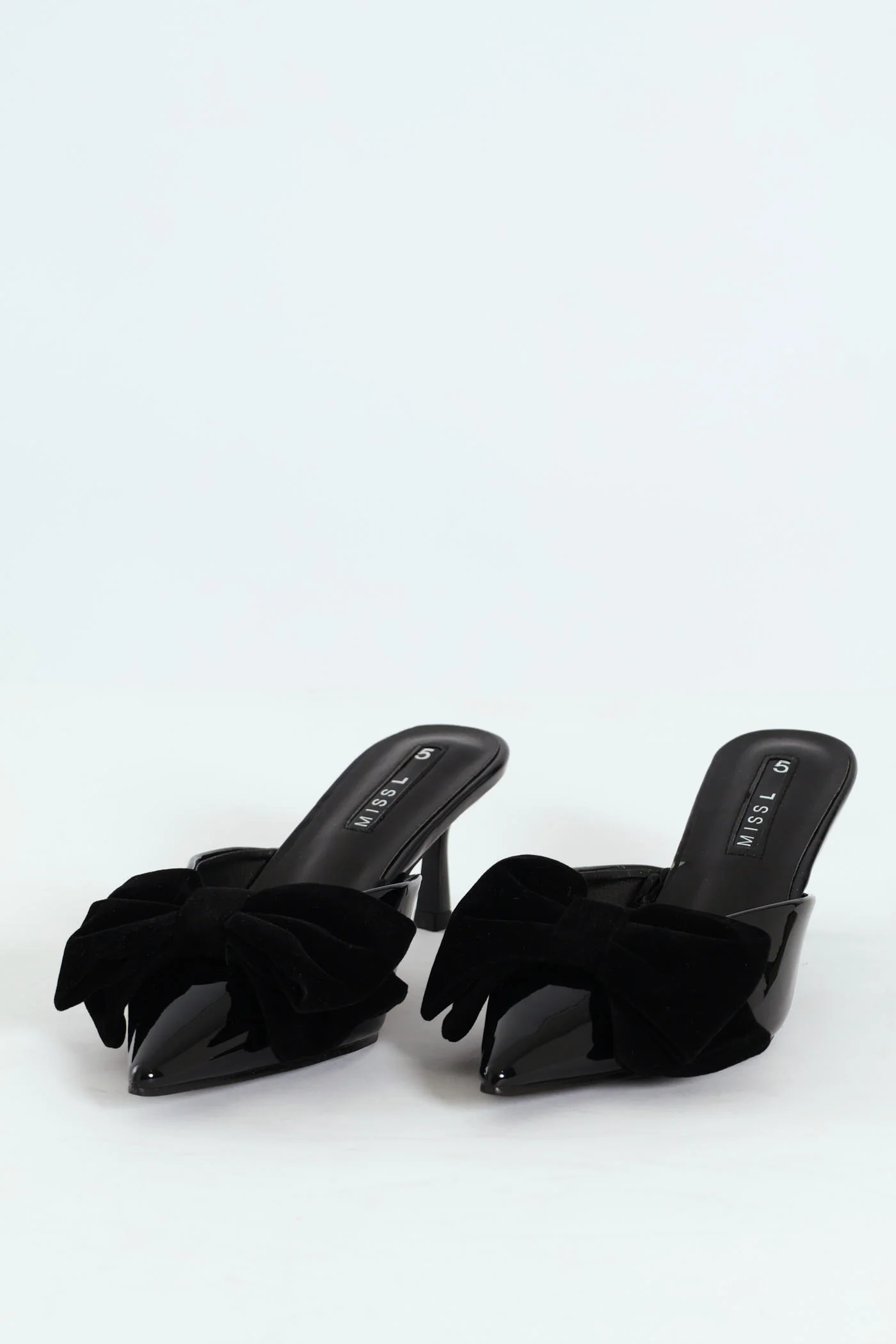 Velvet Bow Mid Stiletto Pointy Push In Court Heel - Black - Image 2