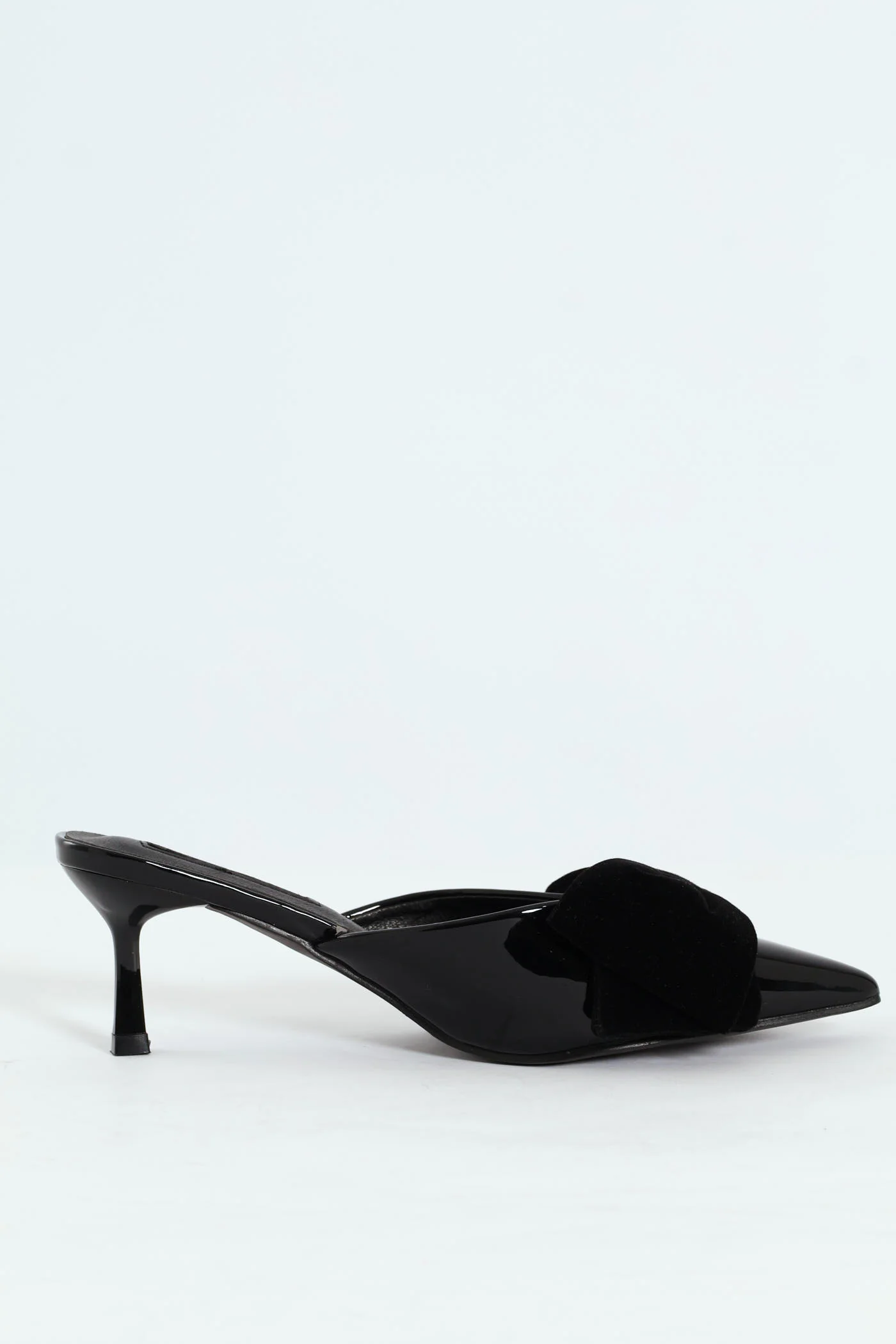Velvet Bow Mid Stiletto Pointy Push In Court Heel - Black - Image 3