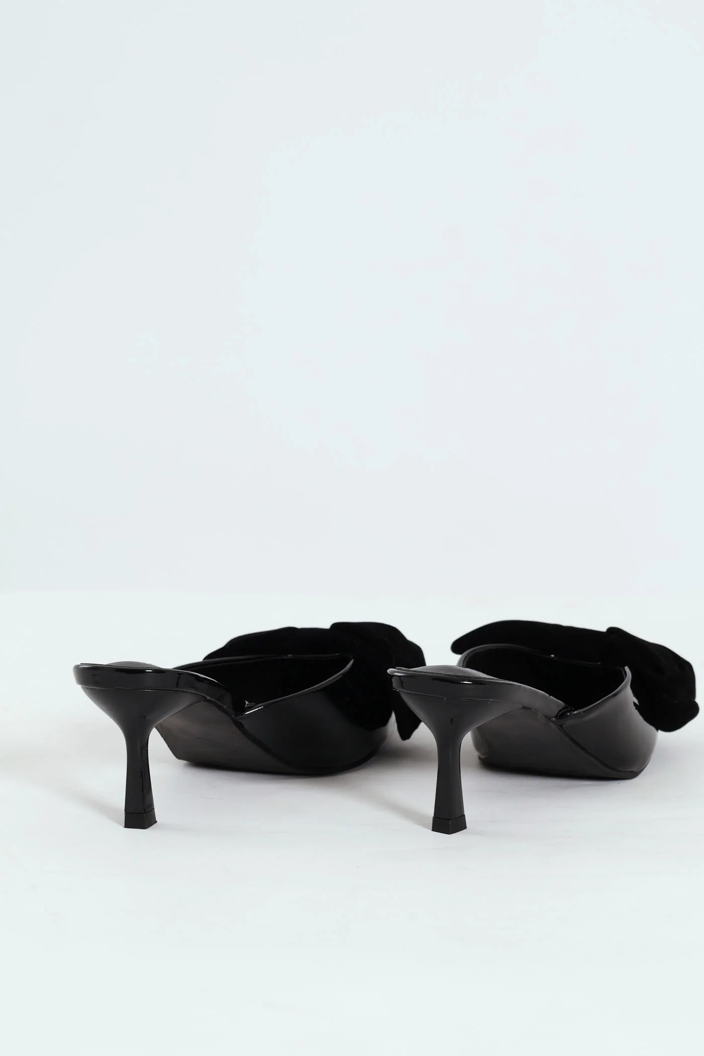 Velvet Bow Mid Stiletto Pointy Push In Court Heel - Black - Image 5