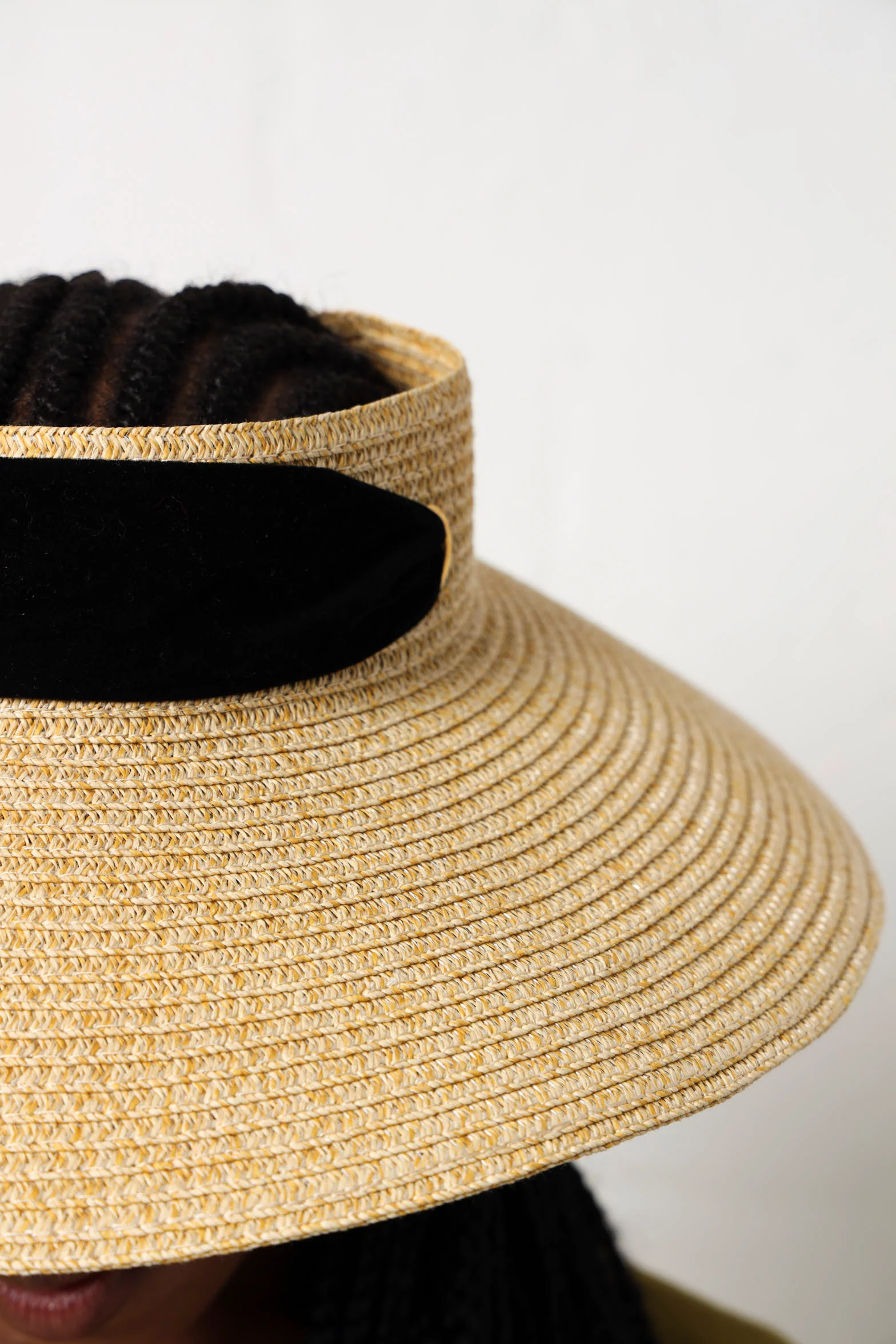 Velvet Bow Straw Visor Hat - Natural - Image 3