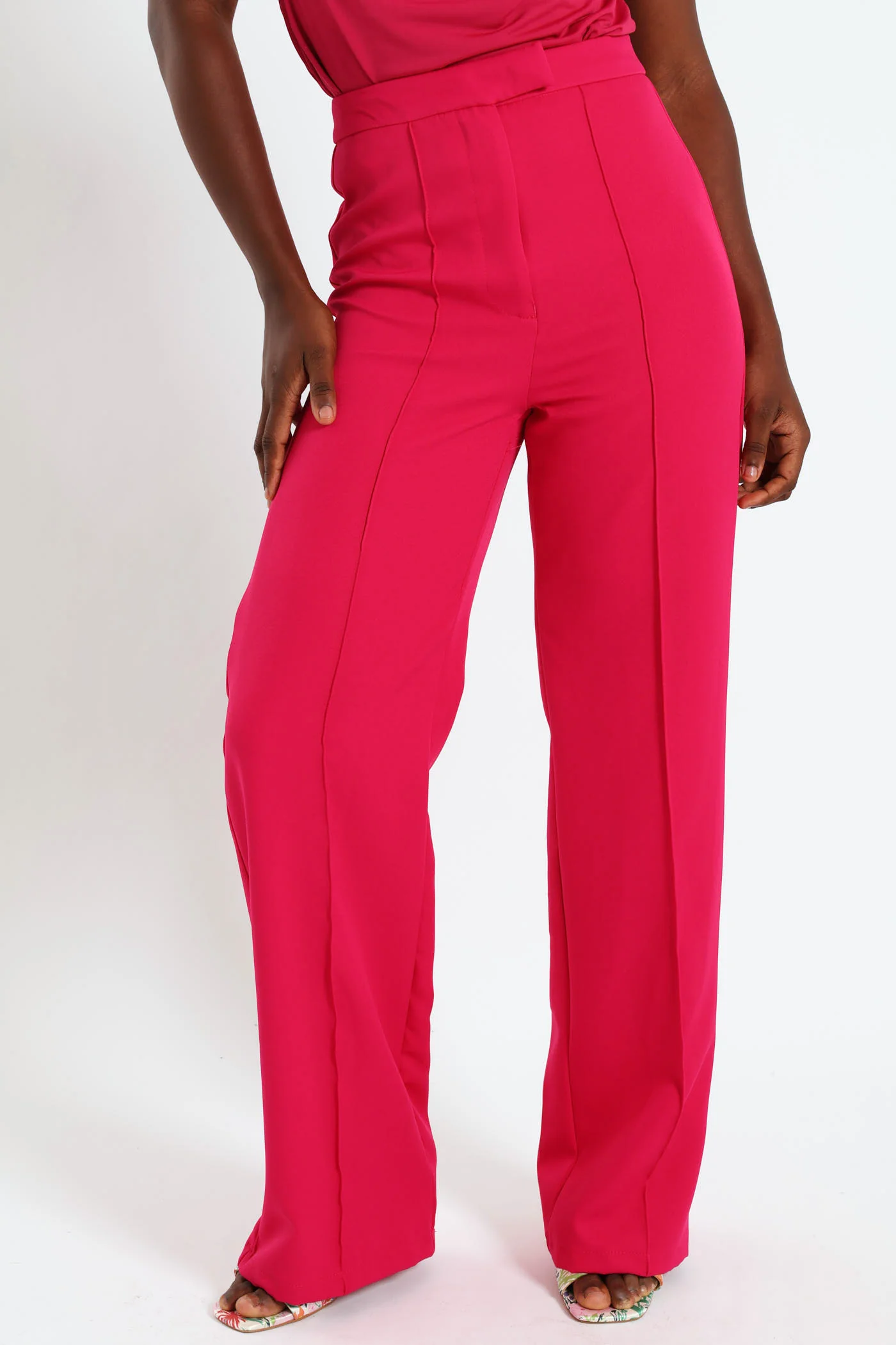 Waist Tab Detail Wideleg Pants - Cerise
