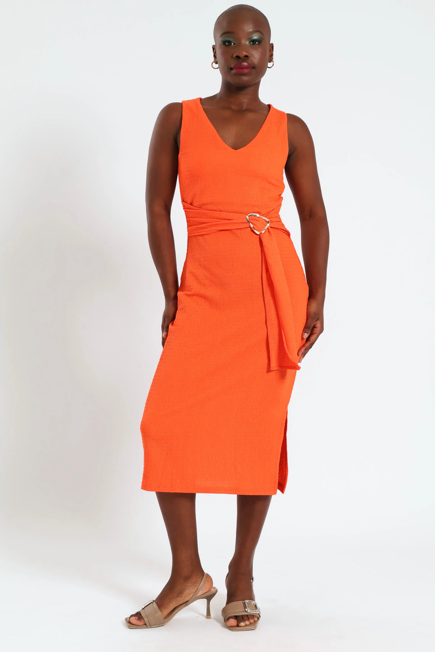 Waist Tie Buckle Trim Bodycon Dress - Burnt Orange - Image 3