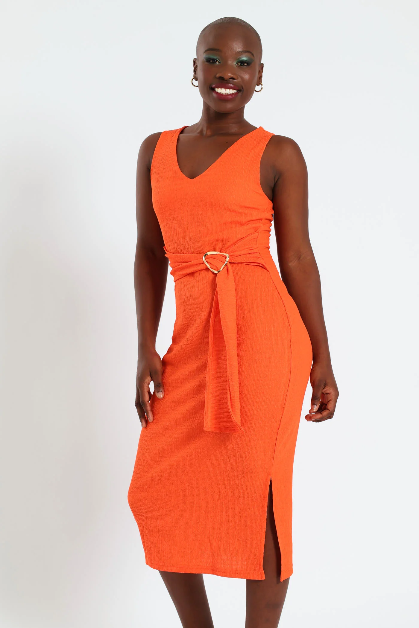 Waist Tie Buckle Trim Bodycon Dress - Burnt Orange - Image 4