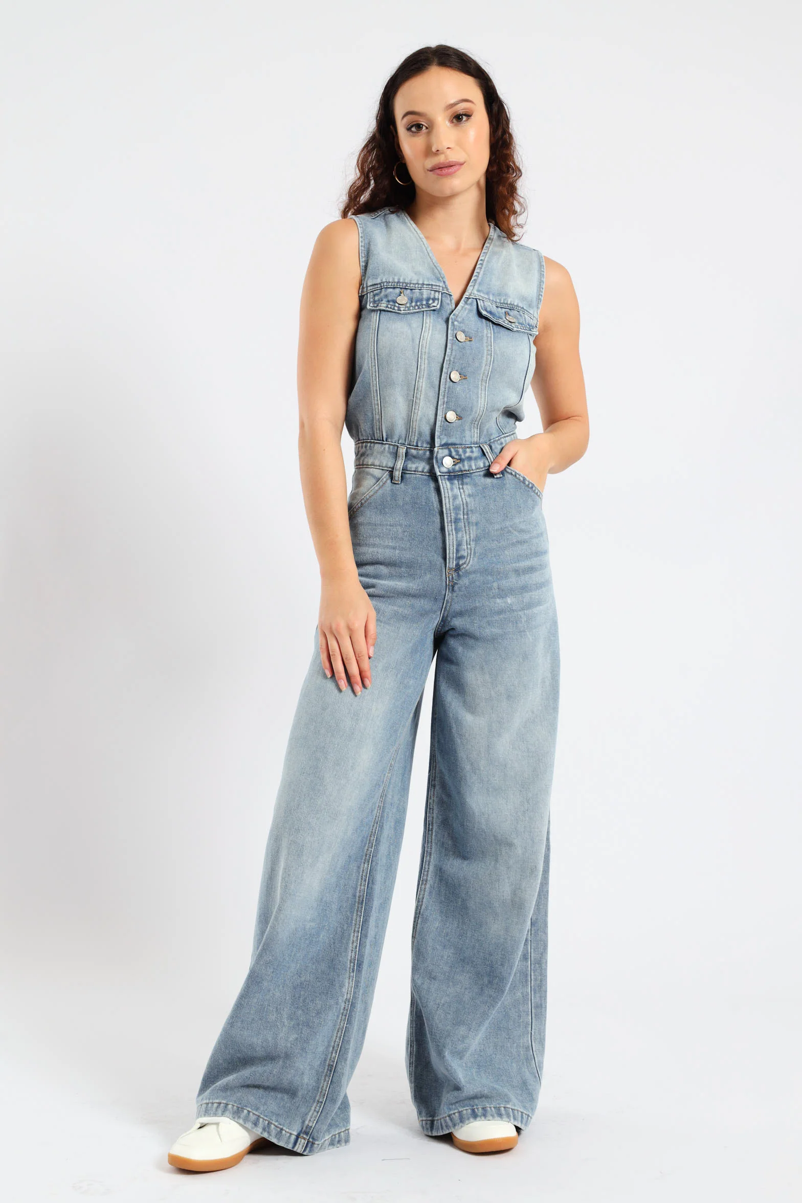 Waistcoat Wideleg Denim Jumpsuit - Stonewash