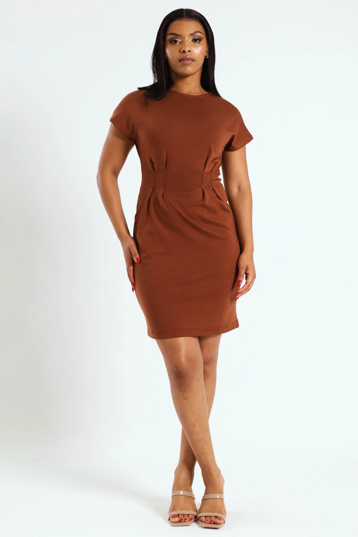 Waisted Dart Detail Mini Dress - Brown - Image 2