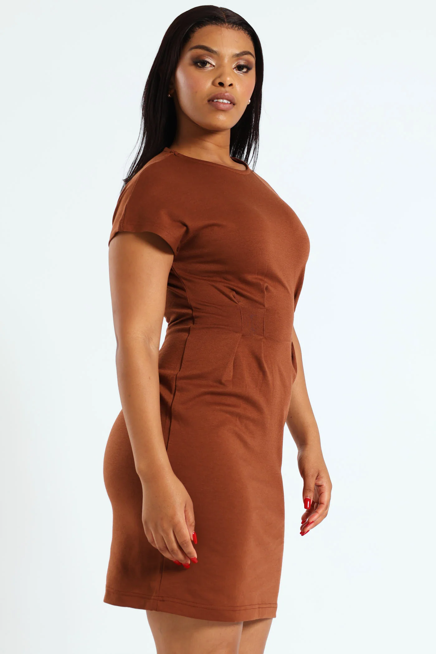 Waisted Dart Detail Mini Dress - Brown - Image 3