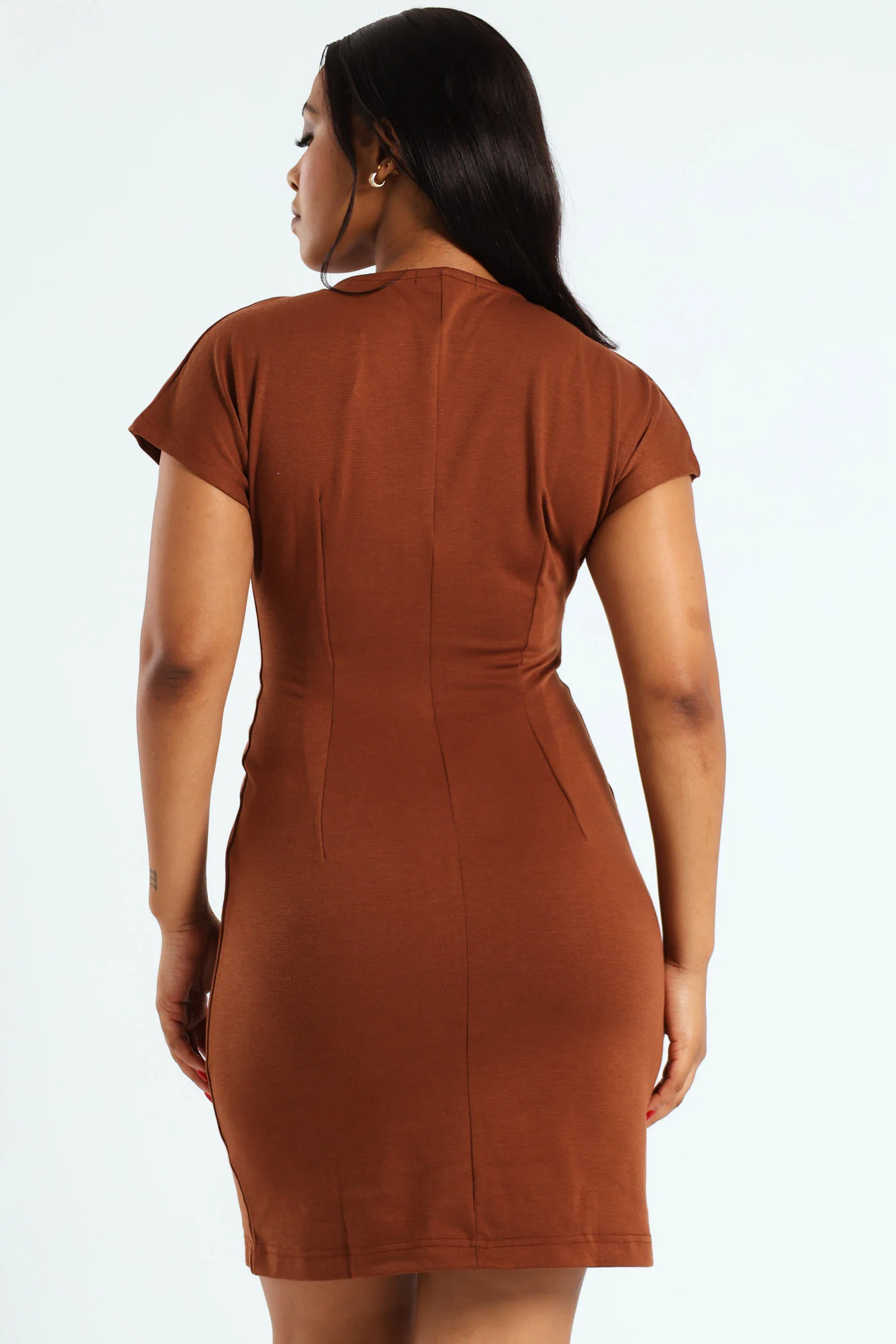 Waisted Dart Detail Mini Dress - Brown - Image 4