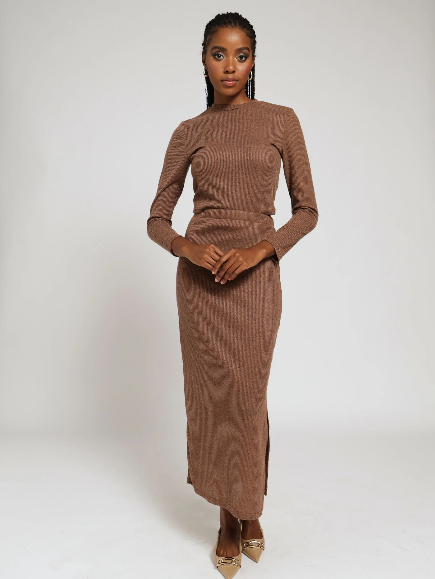 Warm Ribb Midi Skirt - Brown - Image 4