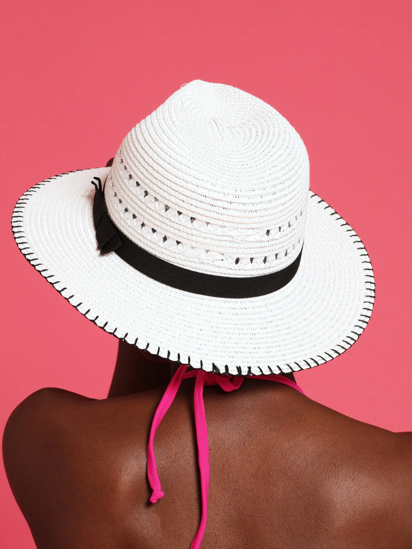 Whip Stitch Straw Fedora Hat - Black/White - Image 5