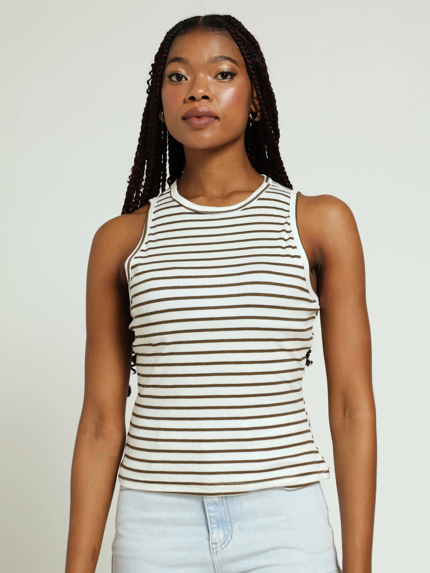 Wide Binding Stripe Ribb Tank Top - Fatigue