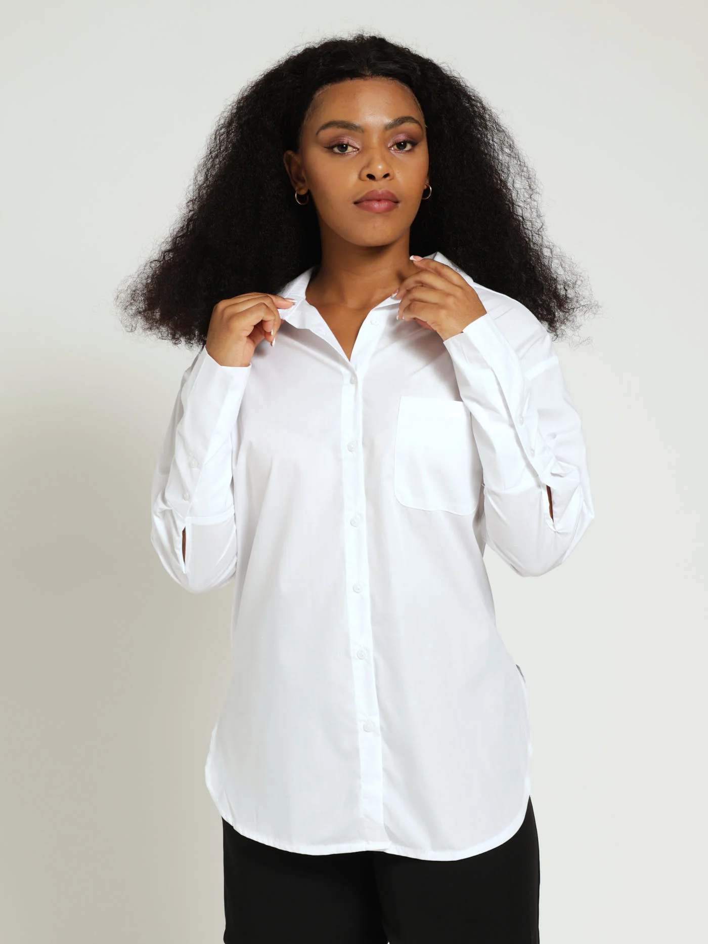 Wide Cuff Curved Hem Oversized Shirt - White