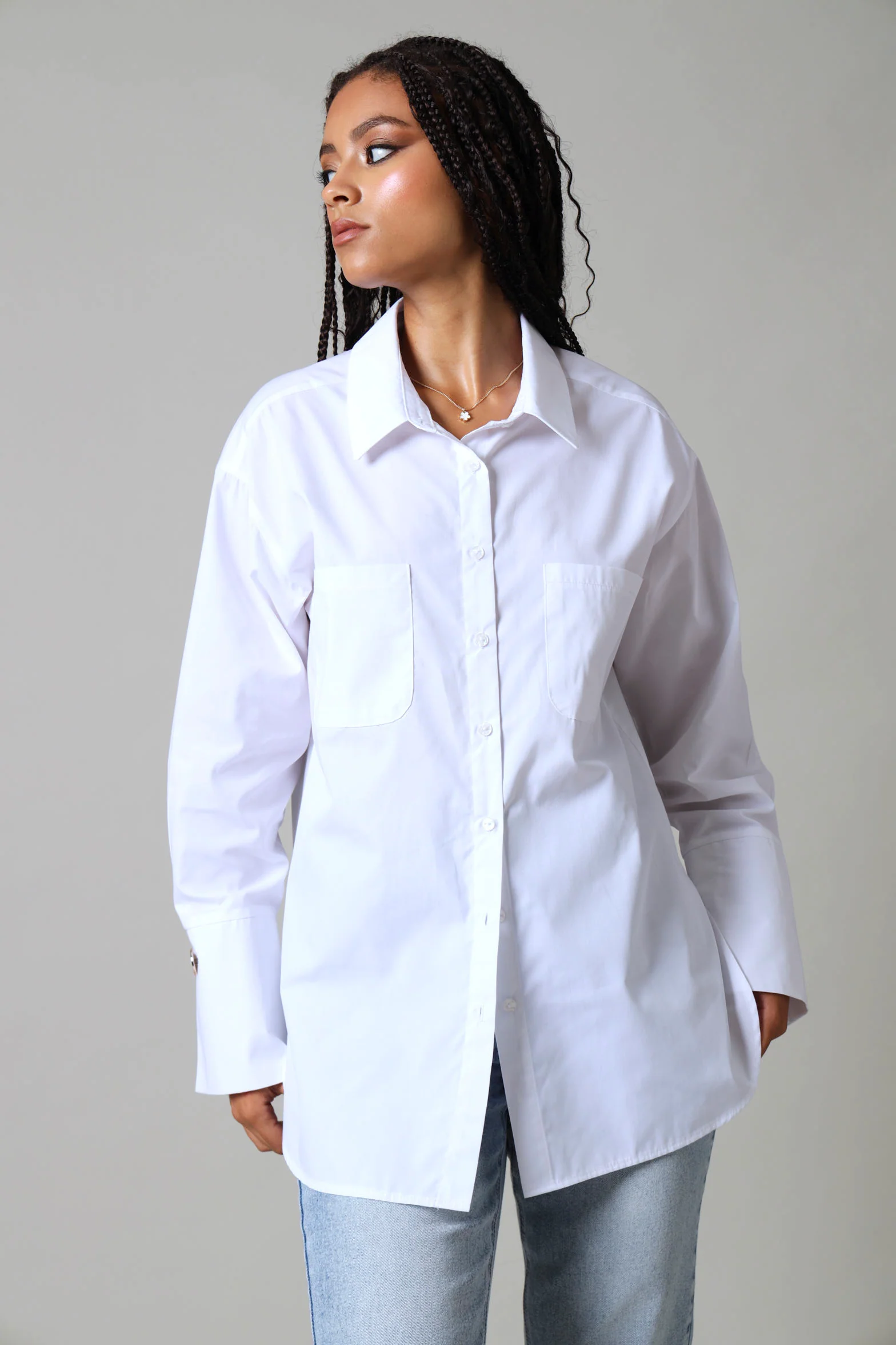 Wide Cuff Double Pocket Poplin Shirt - White