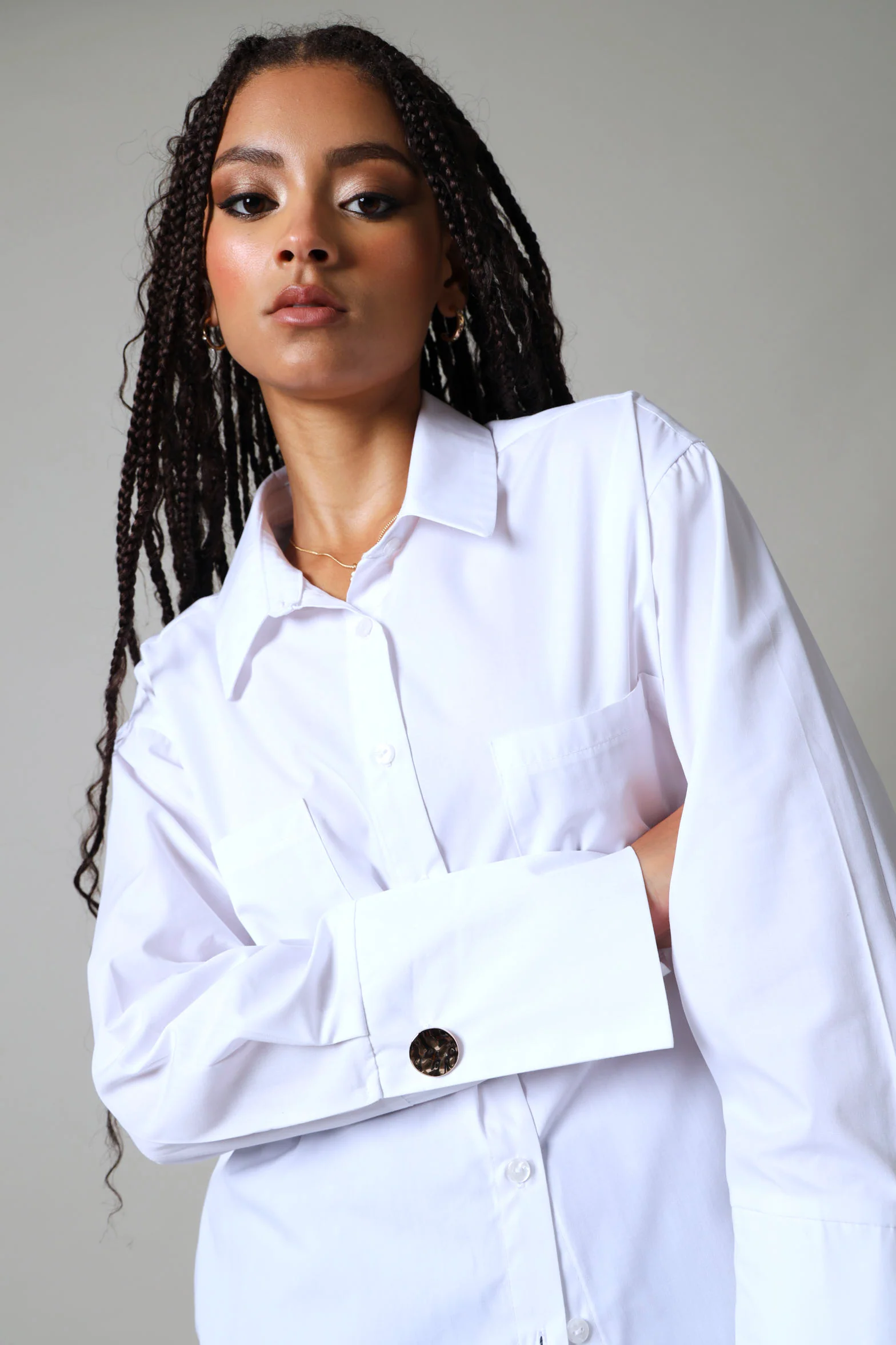 Wide Cuff Double Pocket Poplin Shirt - White - Image 2