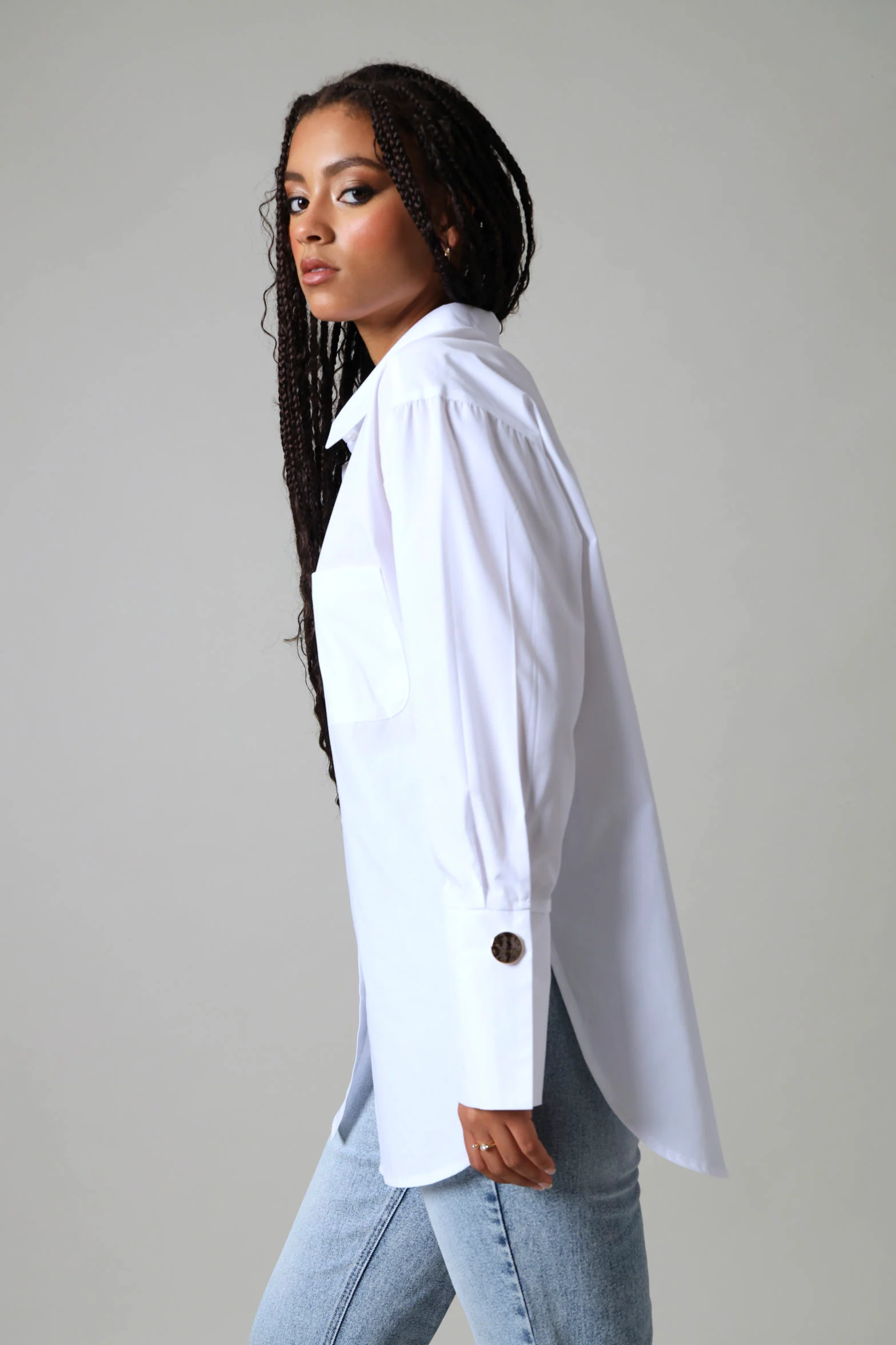 Wide Cuff Double Pocket Poplin Shirt - White - Image 3