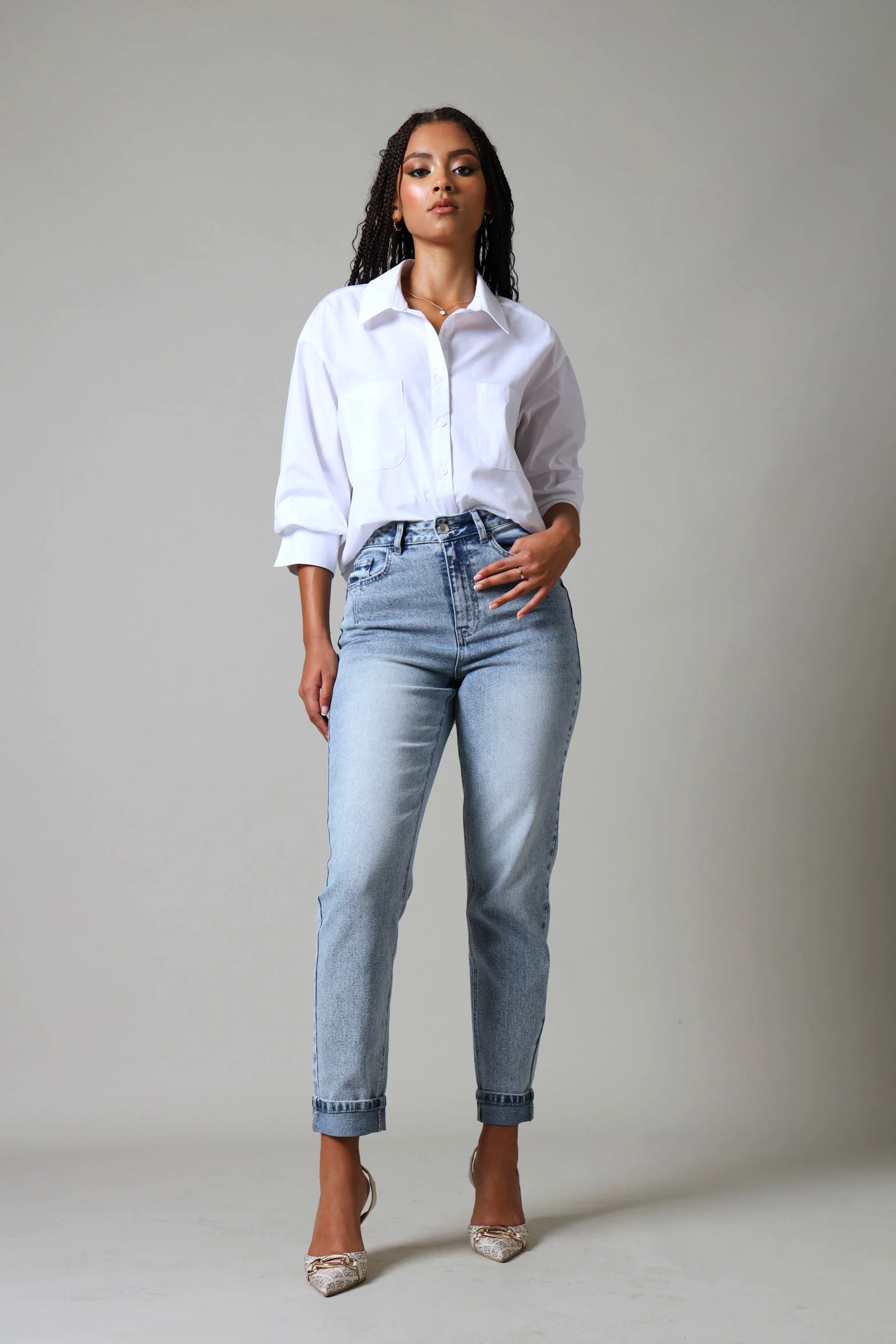 Wide Cuff Double Pocket Poplin Shirt - White - Image 5