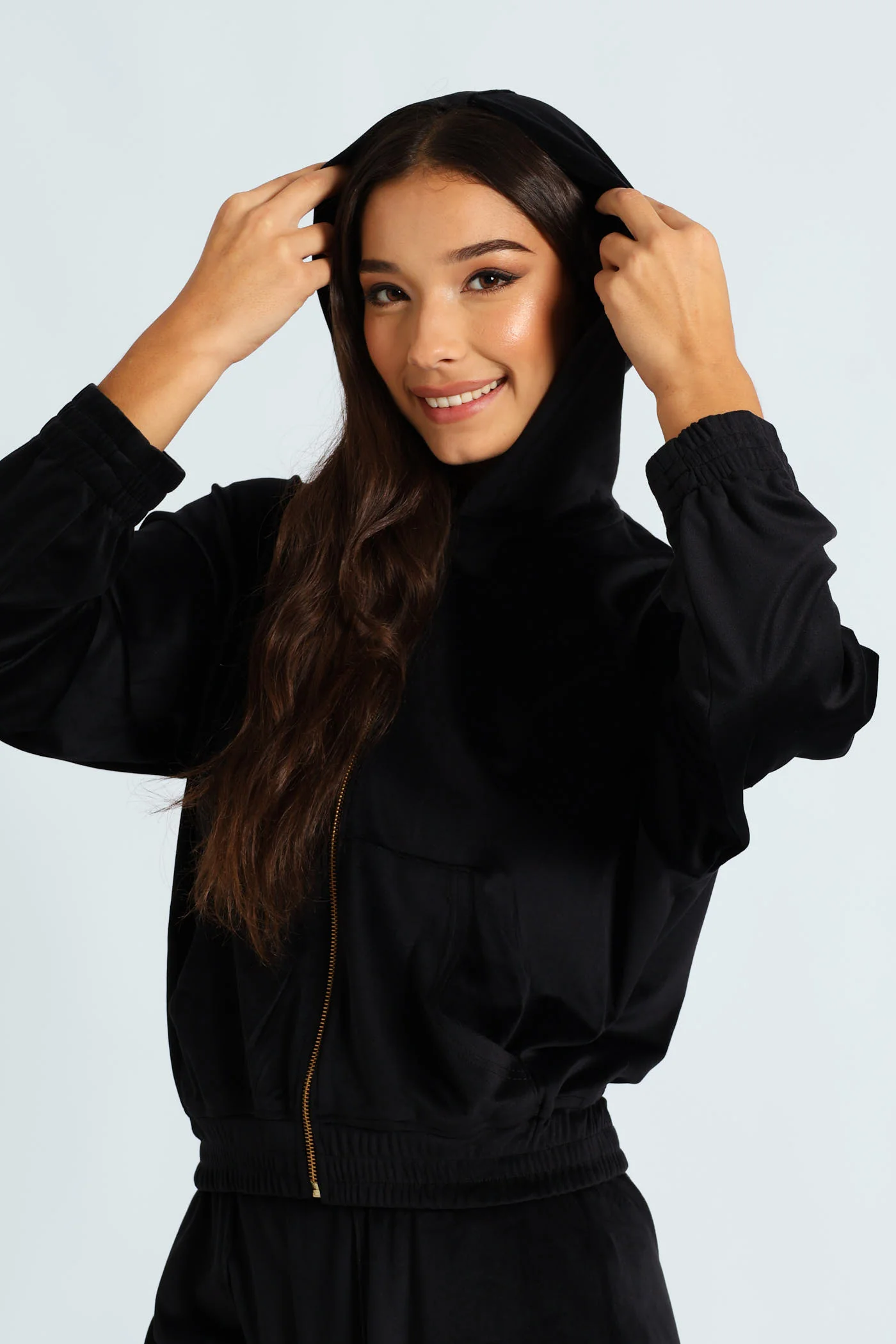 Wide Elastic Detail Velour Zip Through Hoodie - Black - Image 2