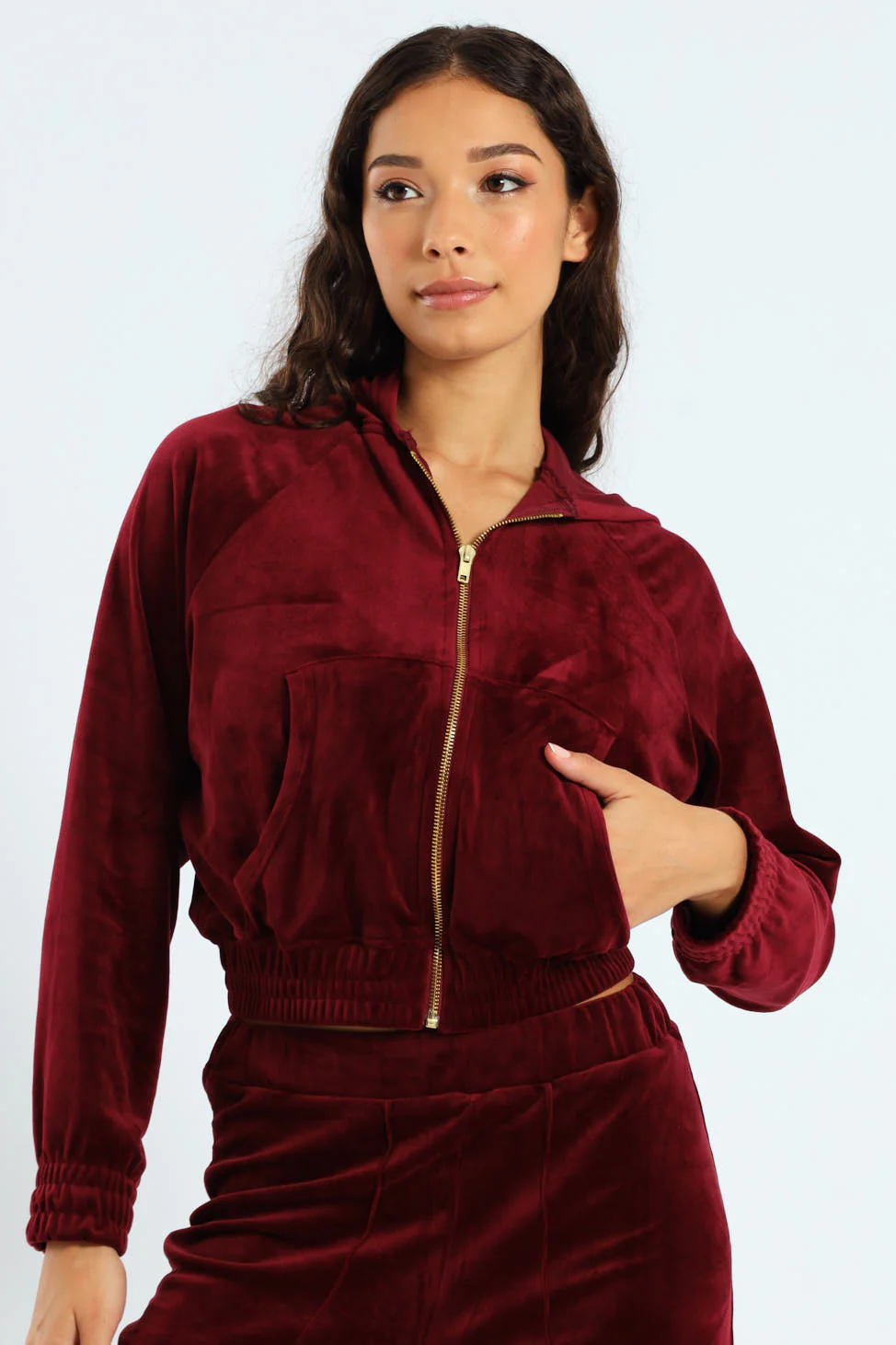 Wide Elastic Detail Velour Zip Through Hoodie - Burgundy