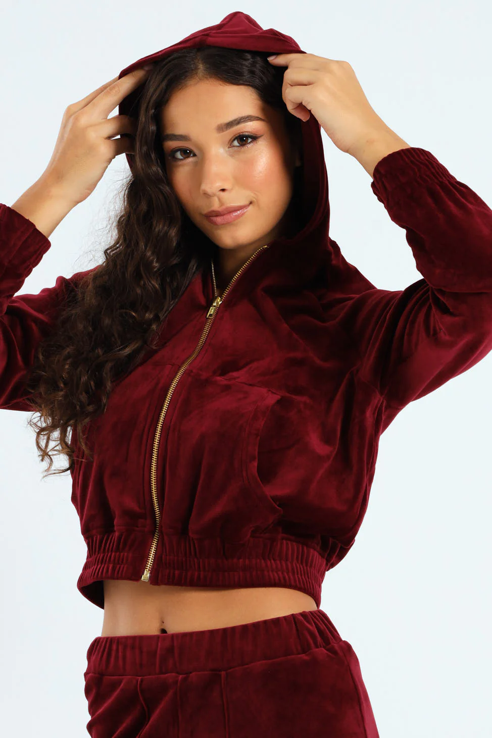 Wide Elastic Detail Velour Zip Through Hoodie - Burgundy - Image 3