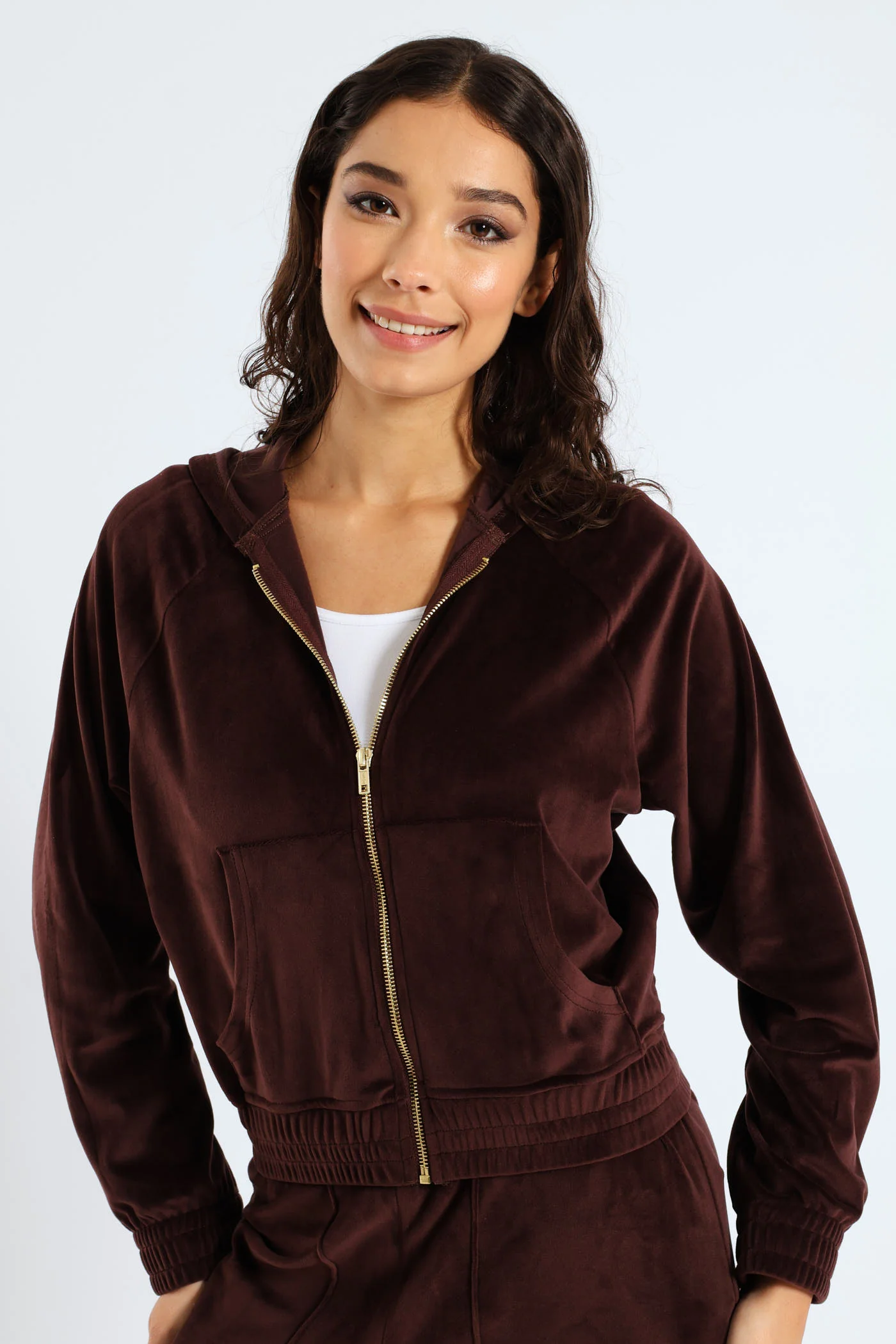 Wide Elastic Detail Velour Zip Through Hoodie - Chocolate