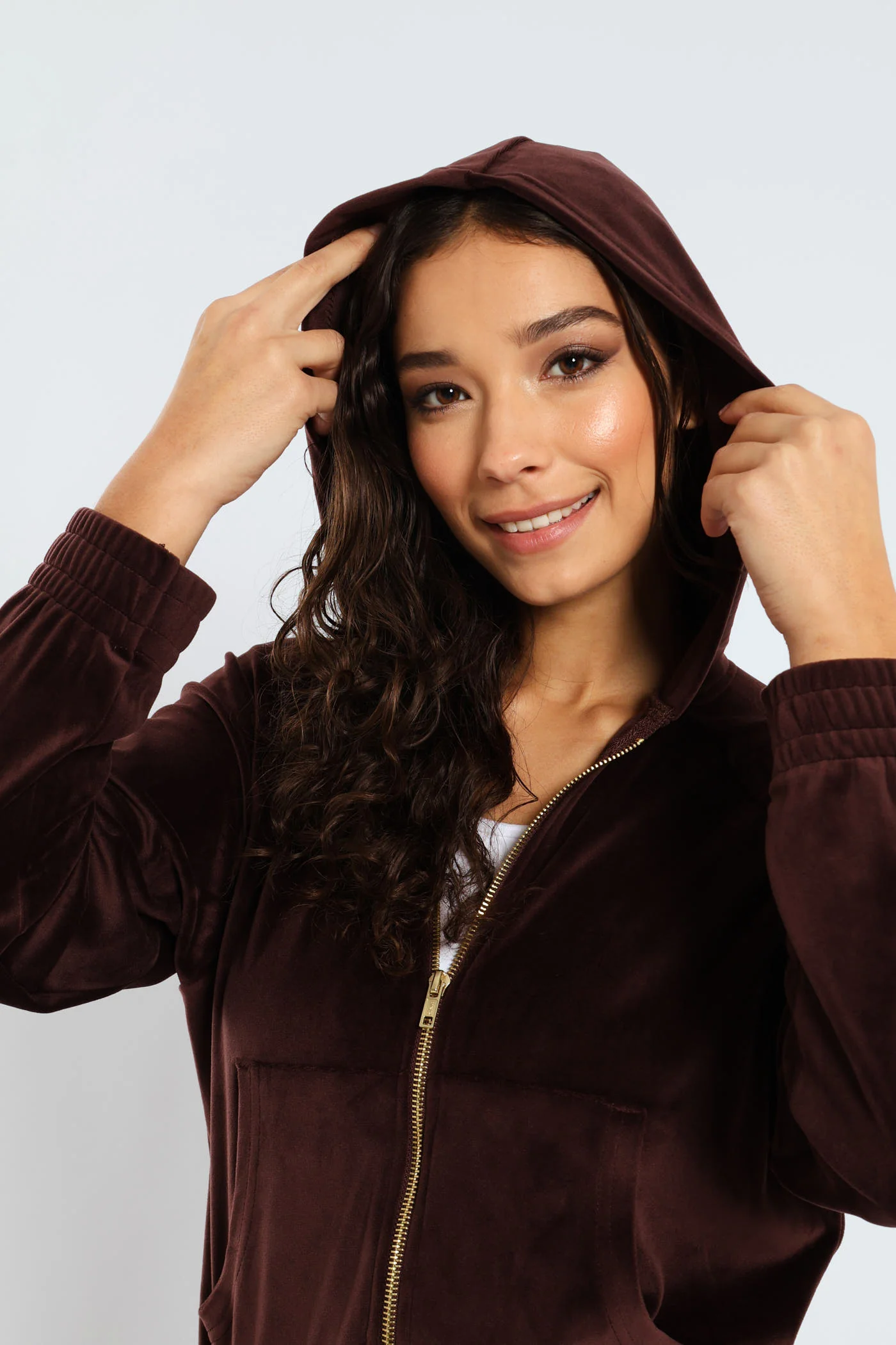 Wide Elastic Detail Velour Zip Through Hoodie - Chocolate - Image 6