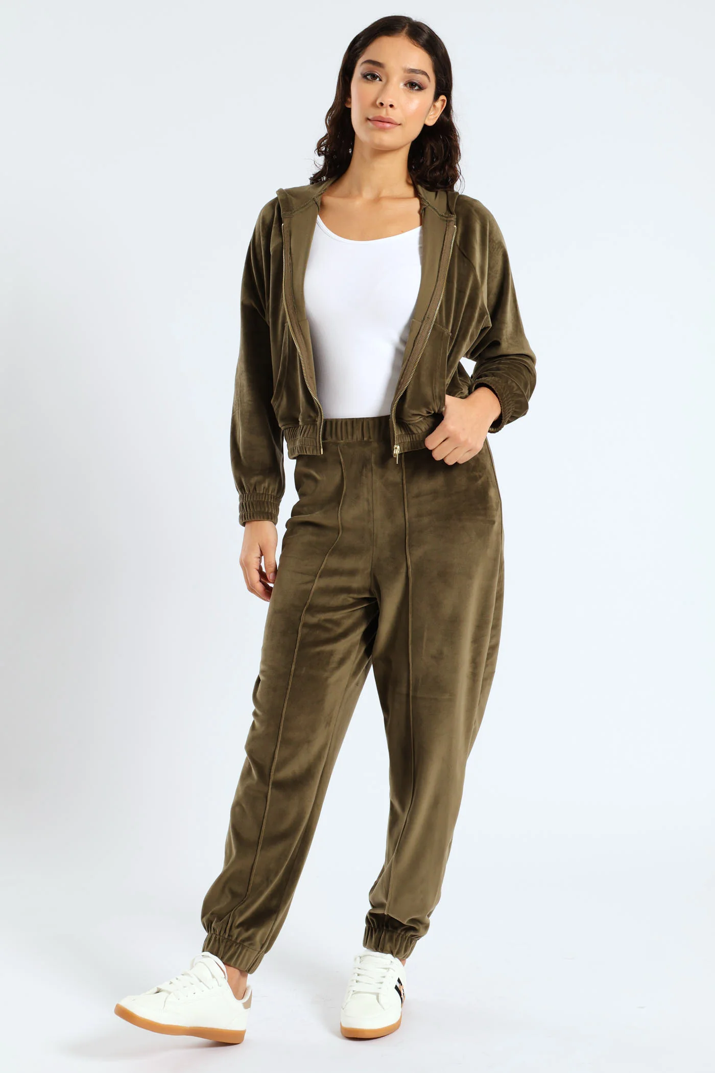 Wide Elastic Detail Velour Zip Through Hoodie - Fatigue - Image 2