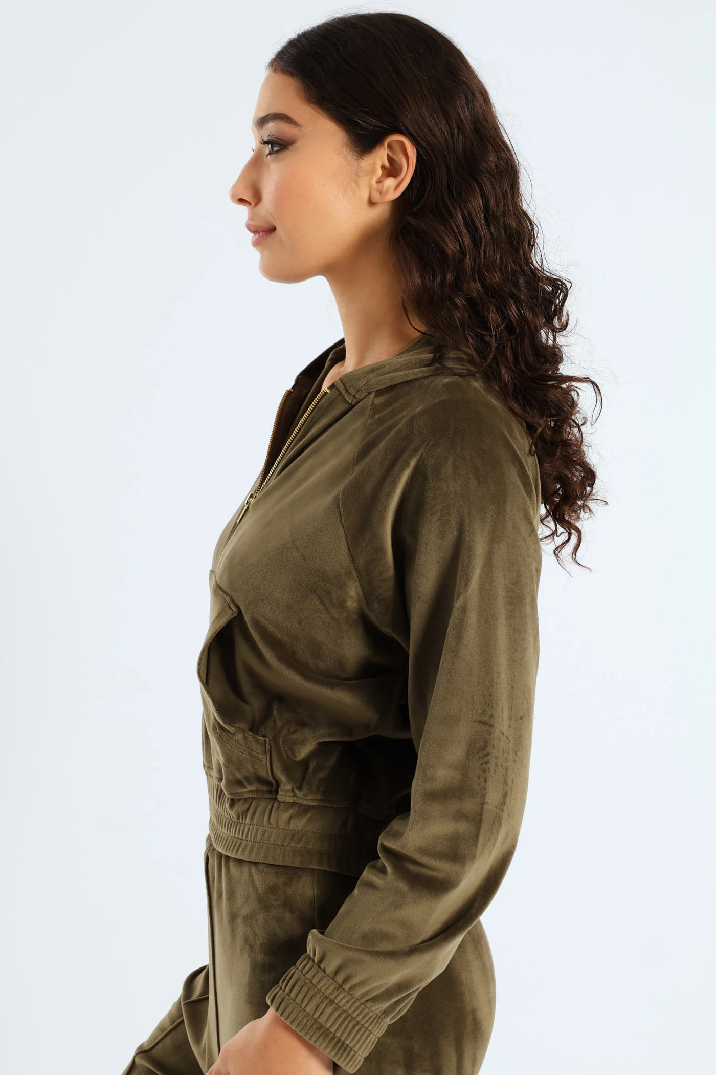 Wide Elastic Detail Velour Zip Through Hoodie - Fatigue - Image 3