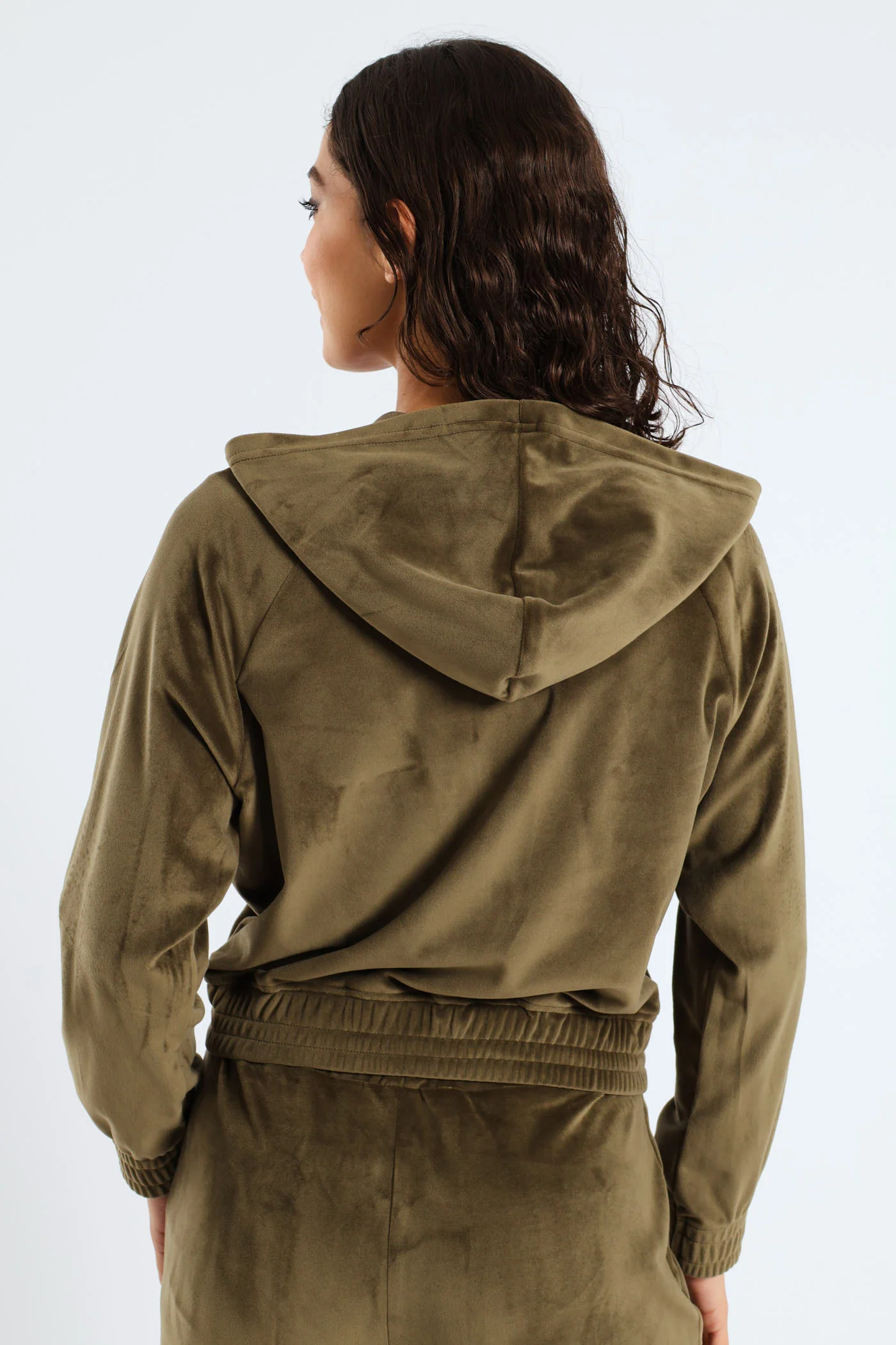 Wide Elastic Detail Velour Zip Through Hoodie - Fatigue - Image 5