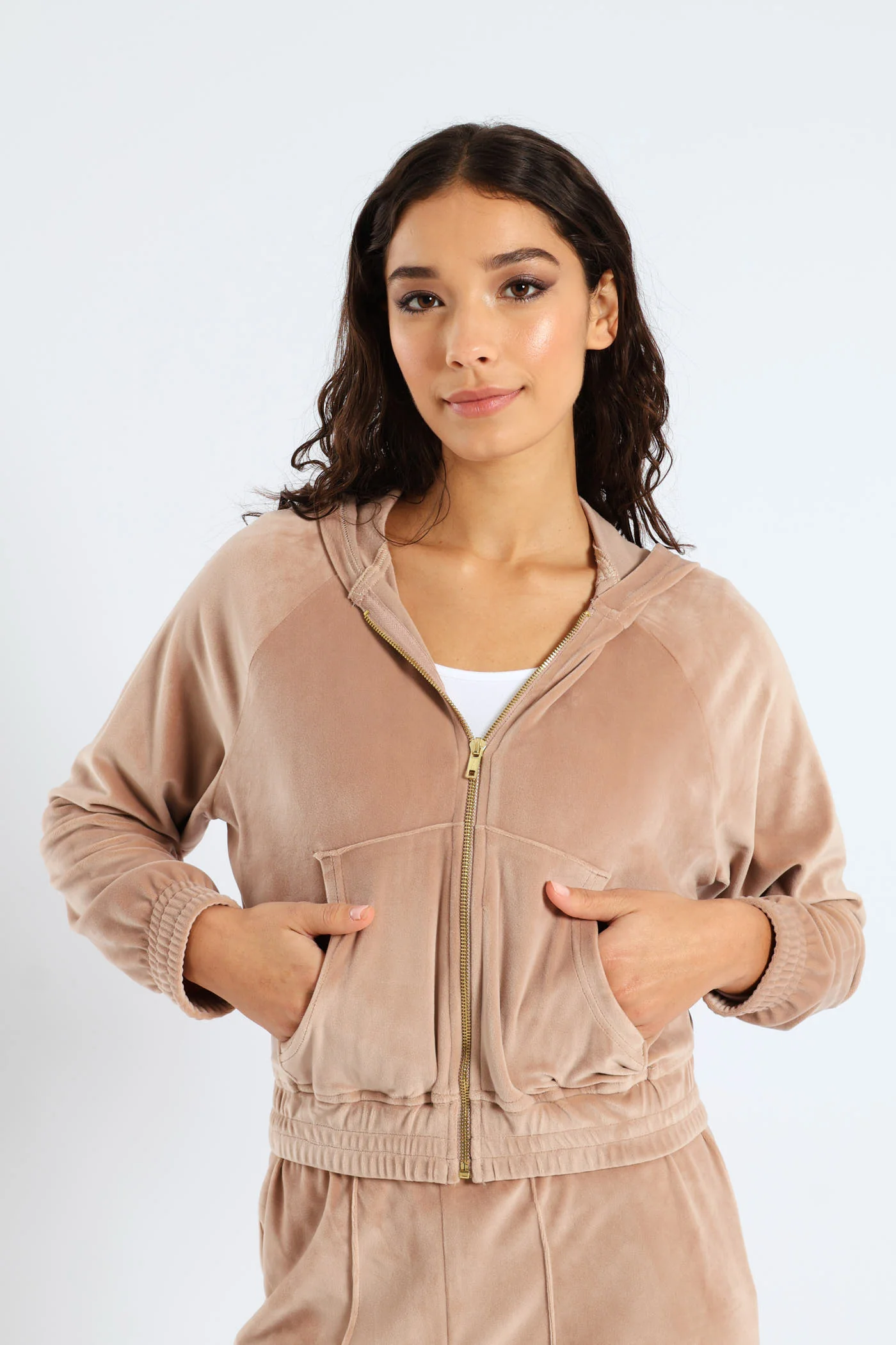 Wide Elastic Detail Velour Zip Through Hoodie - Taupe
