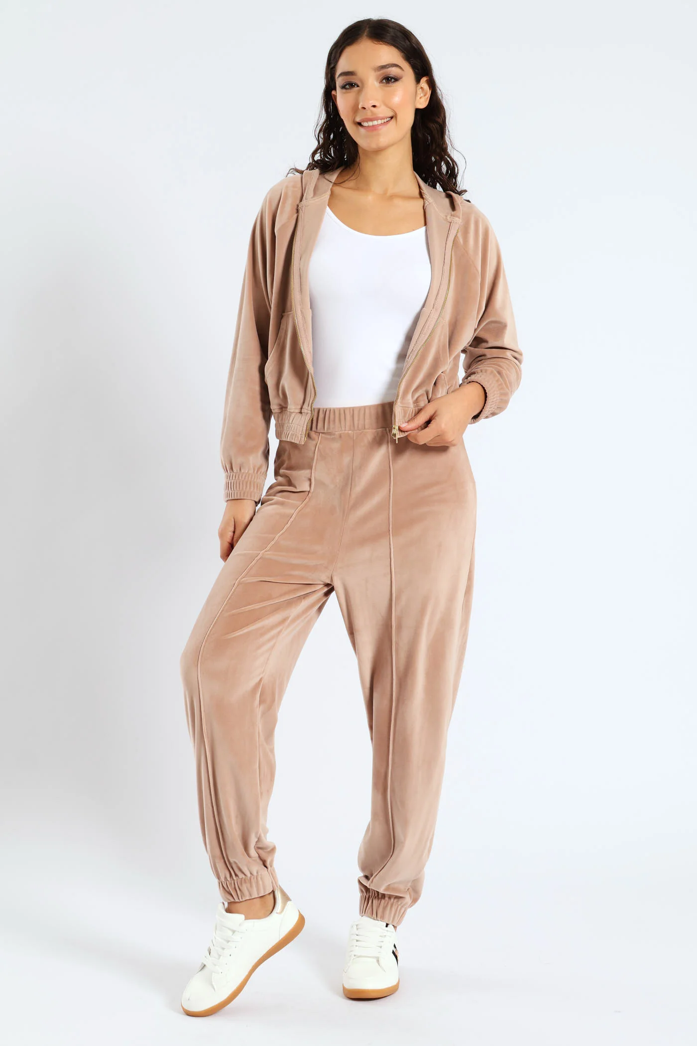 Wide Elastic Detail Velour Zip Through Hoodie - Taupe - Image 2
