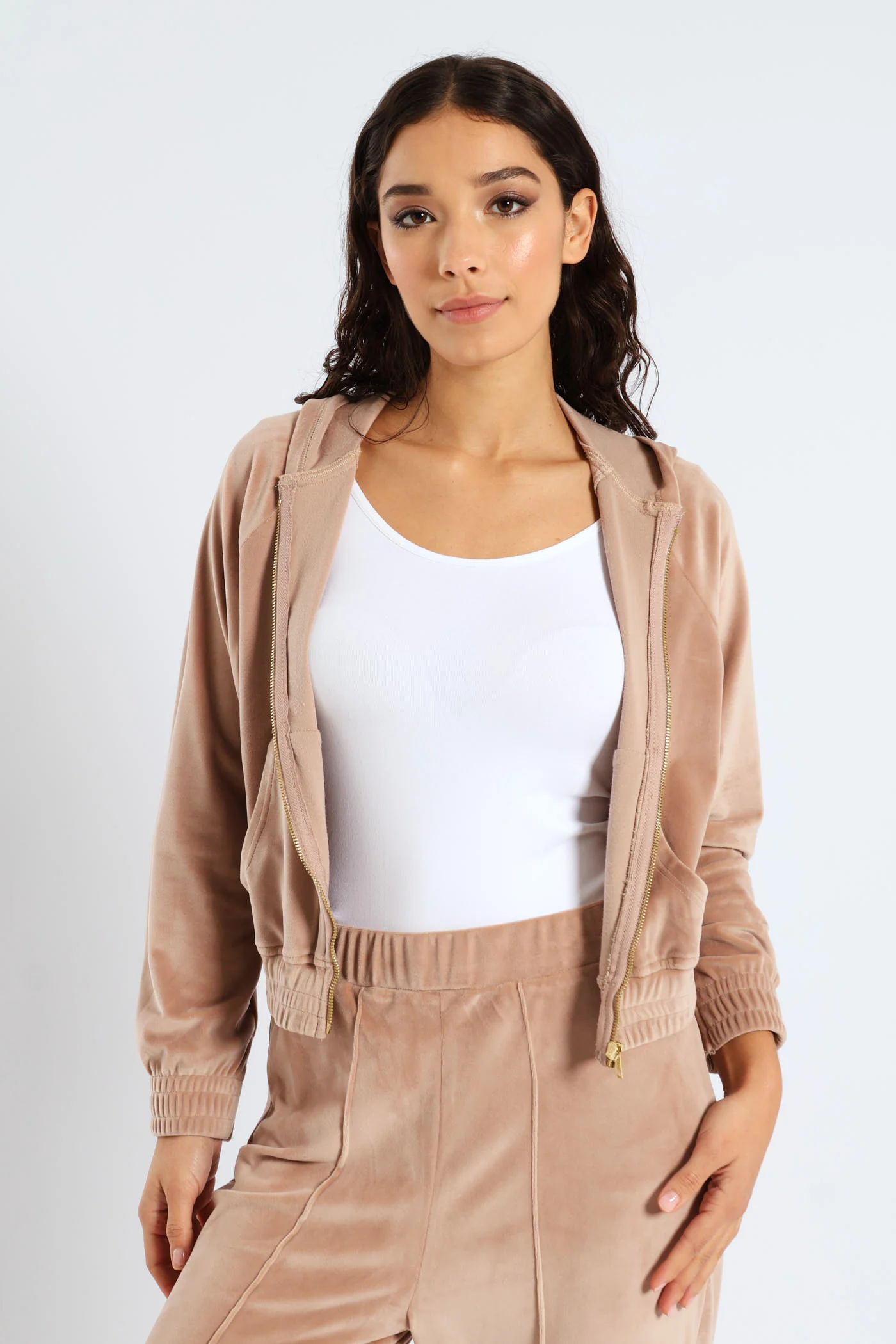 Wide Elastic Detail Velour Zip Through Hoodie - Taupe - Image 3