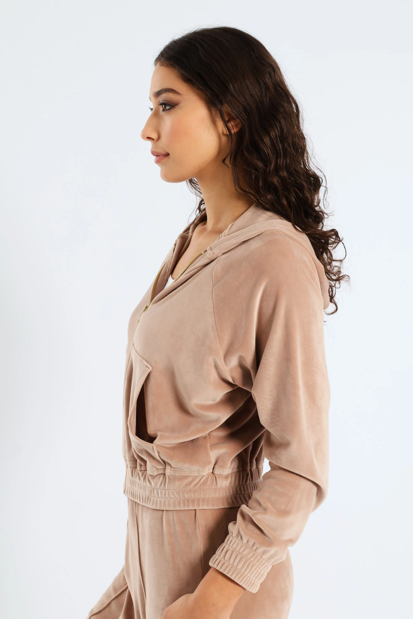 Wide Elastic Detail Velour Zip Through Hoodie - Taupe - Image 4