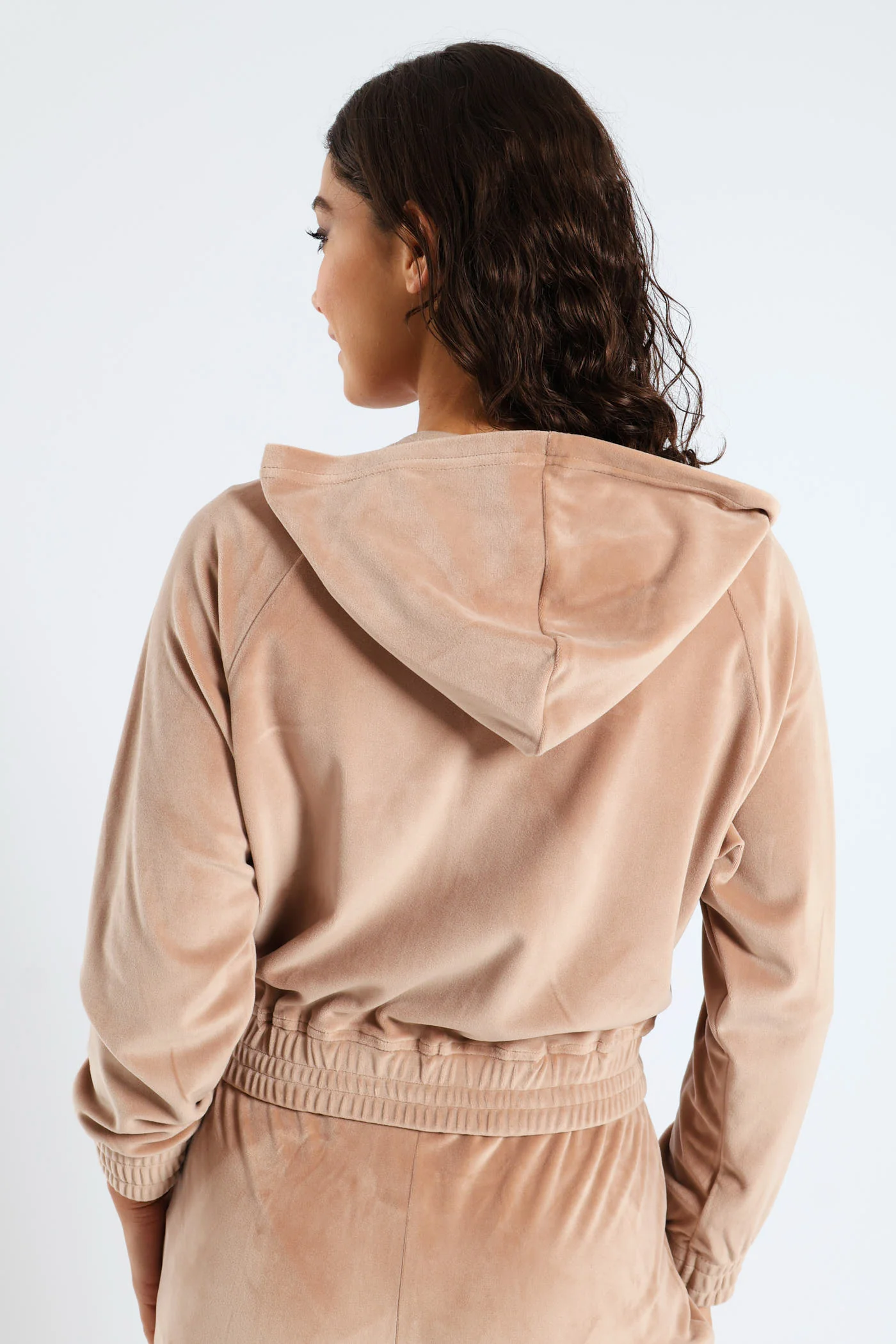 Wide Elastic Detail Velour Zip Through Hoodie - Taupe - Image 6
