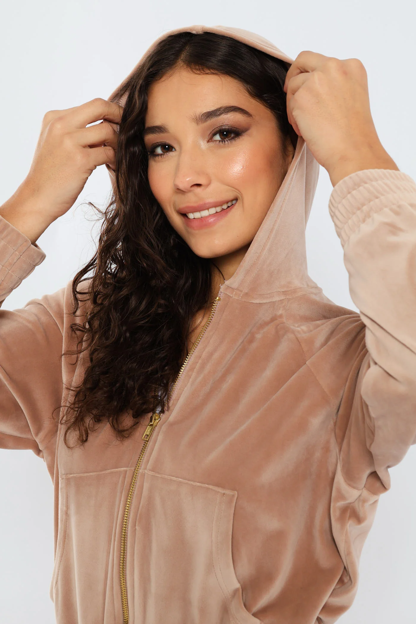 Wide Elastic Detail Velour Zip Through Hoodie - Taupe - Image 7