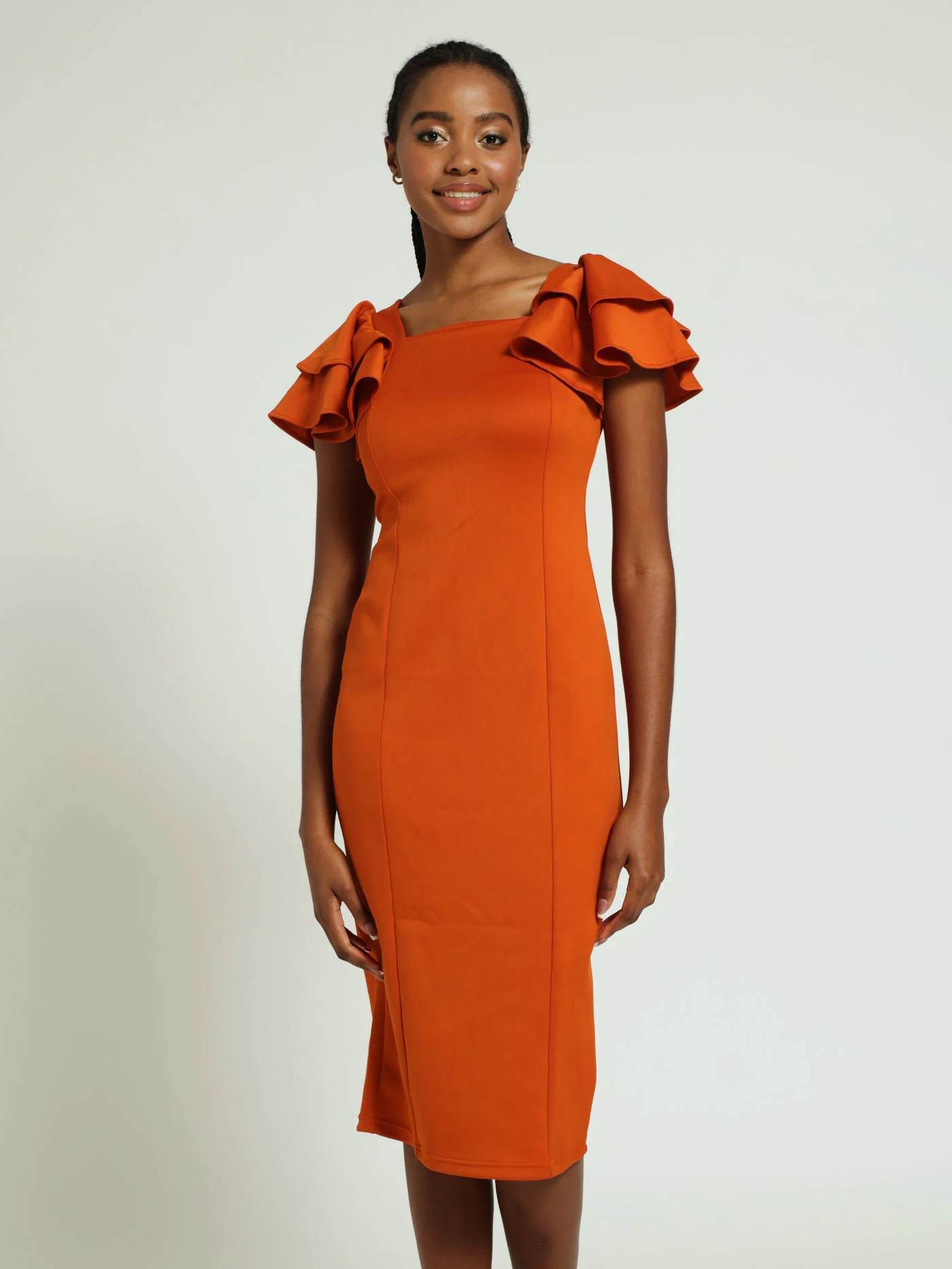 Wide Frill Sleeve Bodycon Dress - Rust