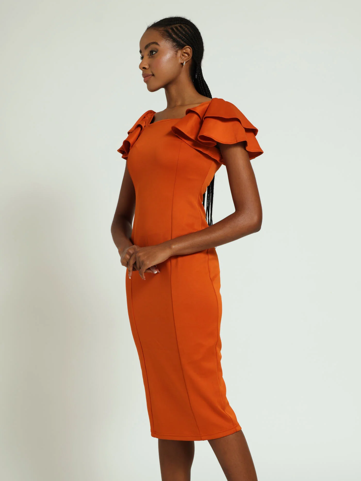 Wide Frill Sleeve Bodycon Dress - Rust - Image 2