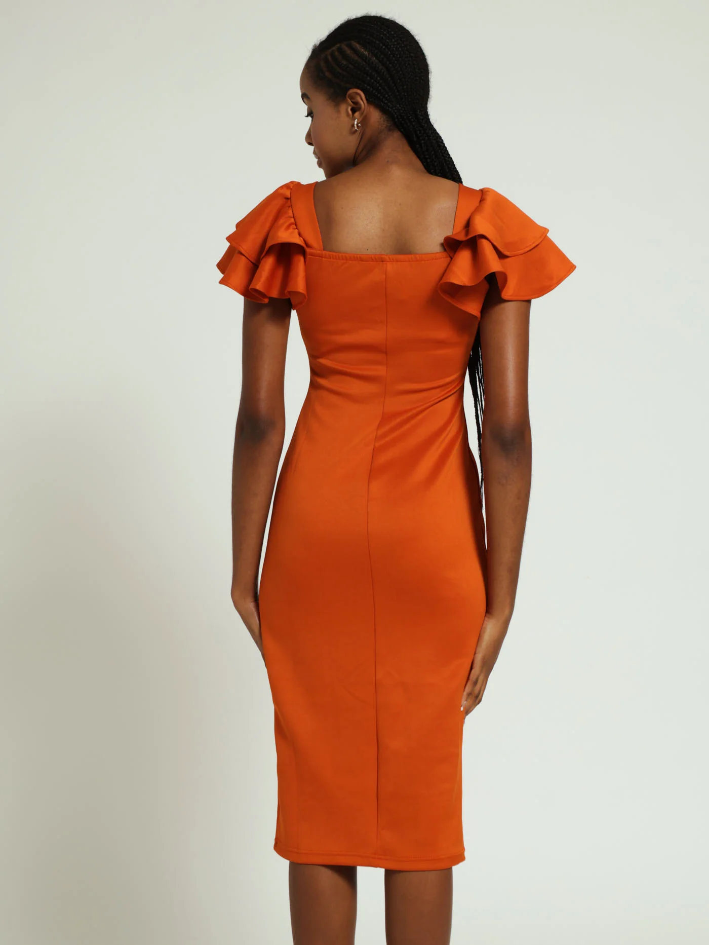 Wide Frill Sleeve Bodycon Dress - Rust - Image 3