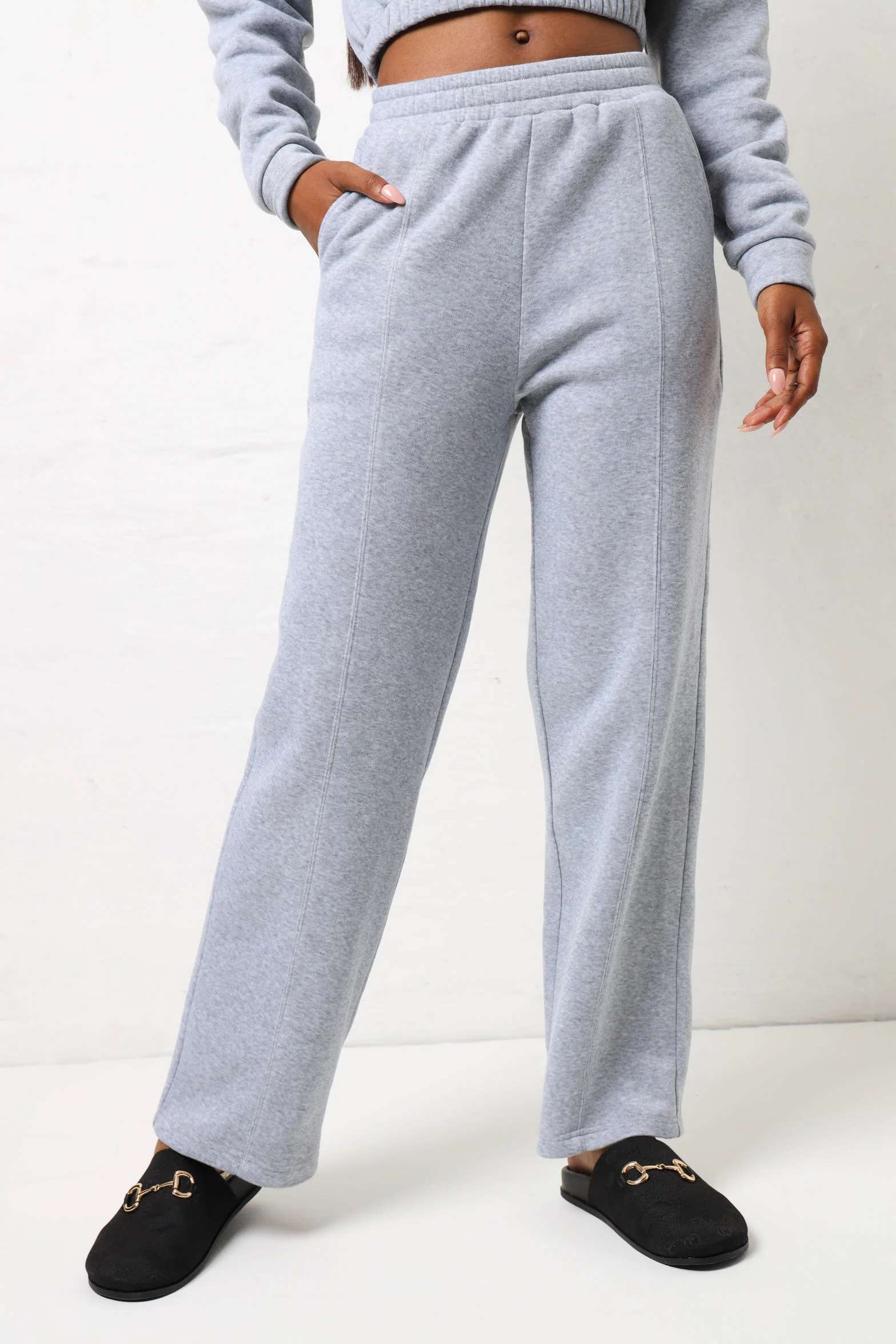 Wide leg Fleece Pants - Grey Melange - Image 4