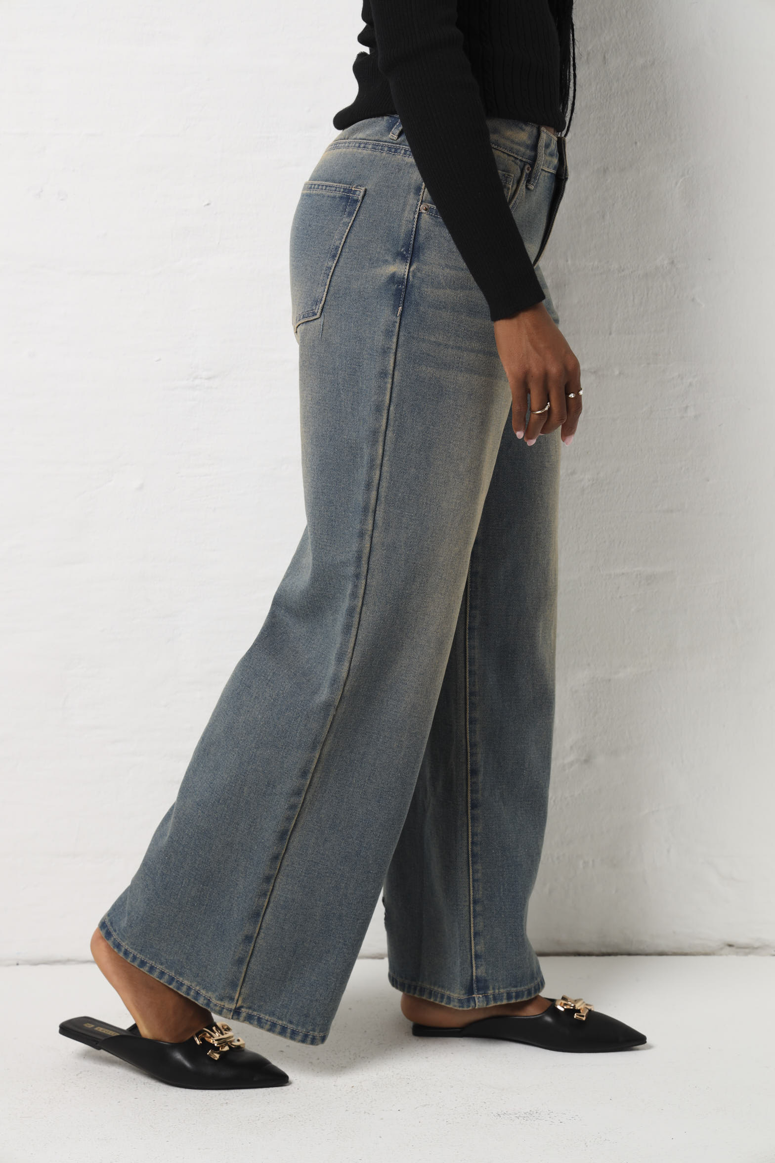 Wide Leg Tea Stain Jean - Dark Wash - Image 3