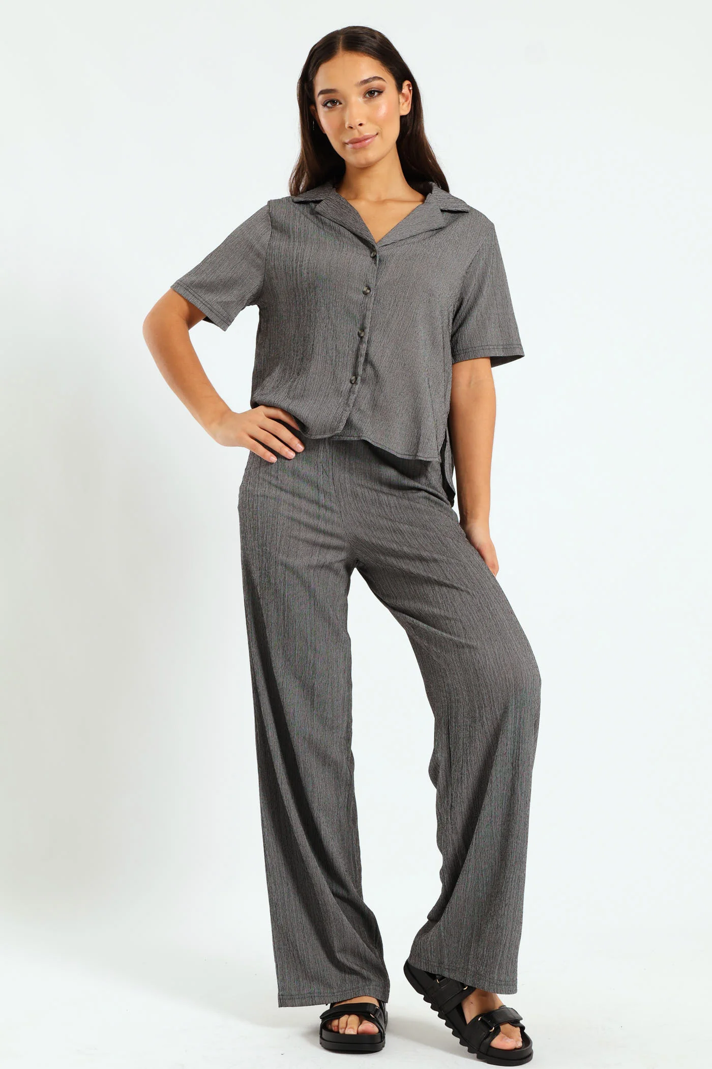 Wide Leg Textured Knit Pants - Grey - Image 2