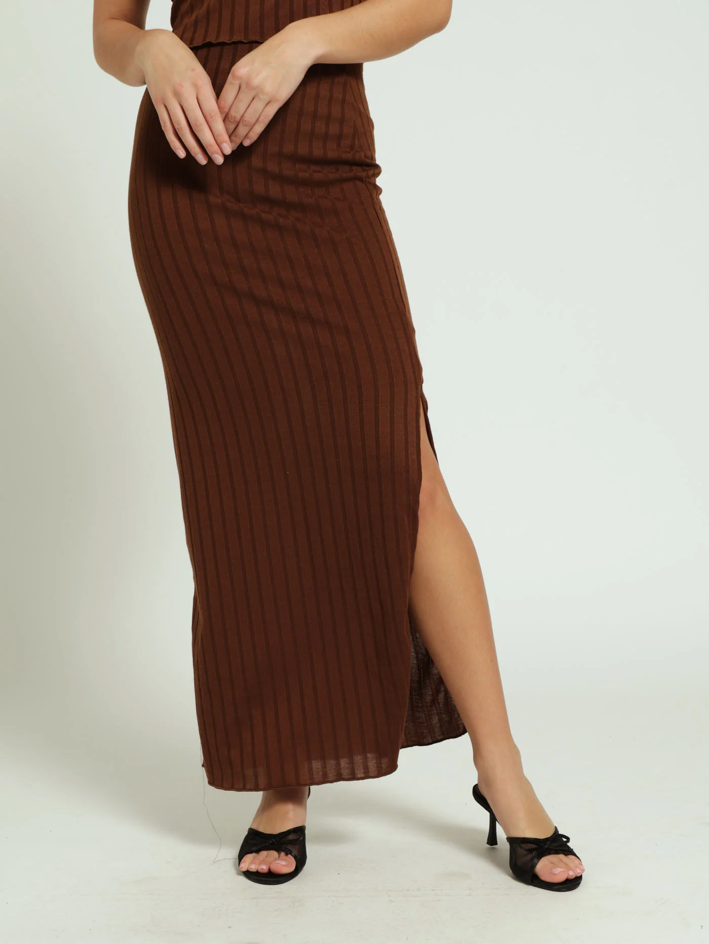 Wide Rib Midaxi Skirt - Brown