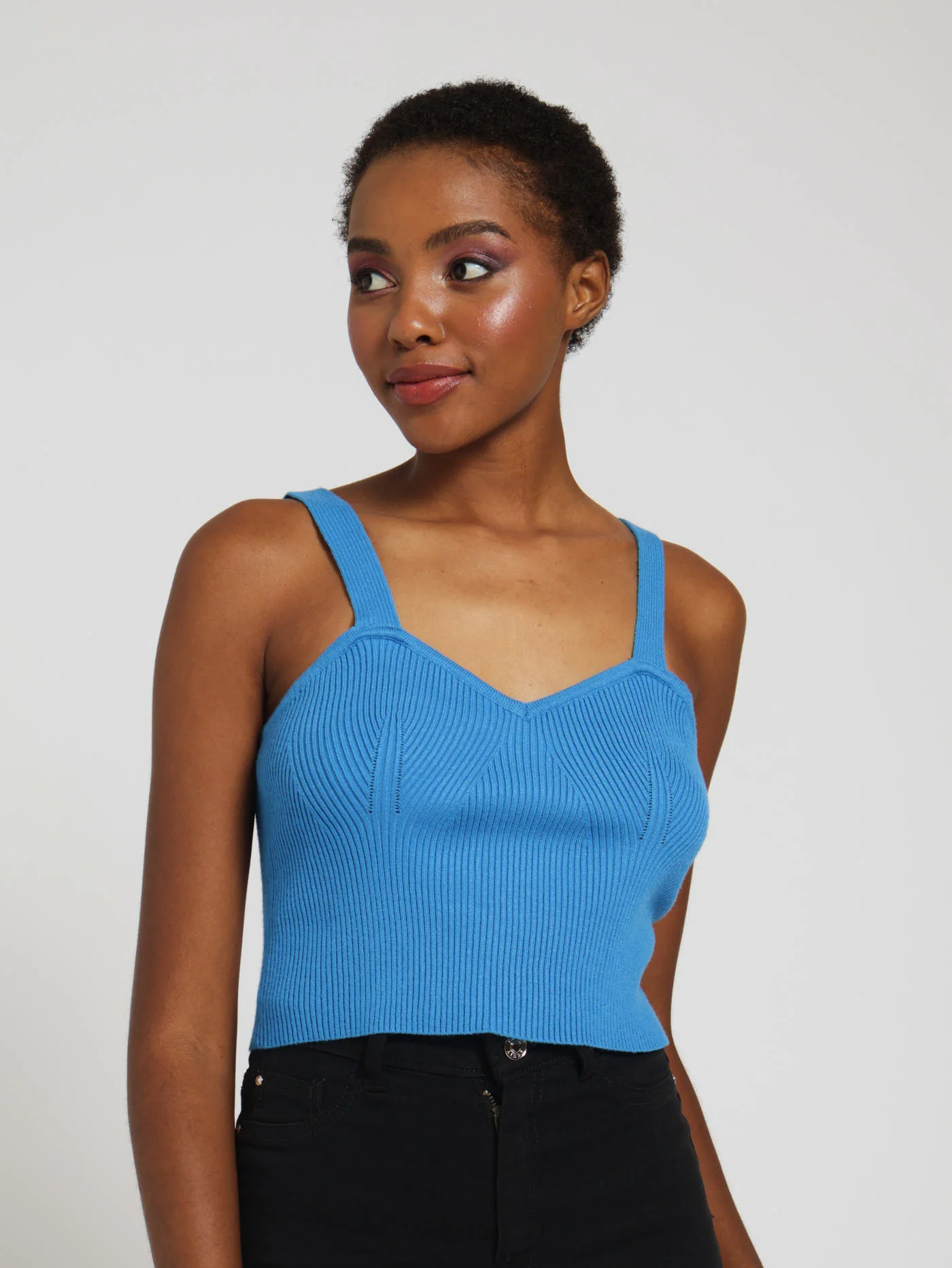 Wide Strap Bust Detail Knitwear Top - Blue