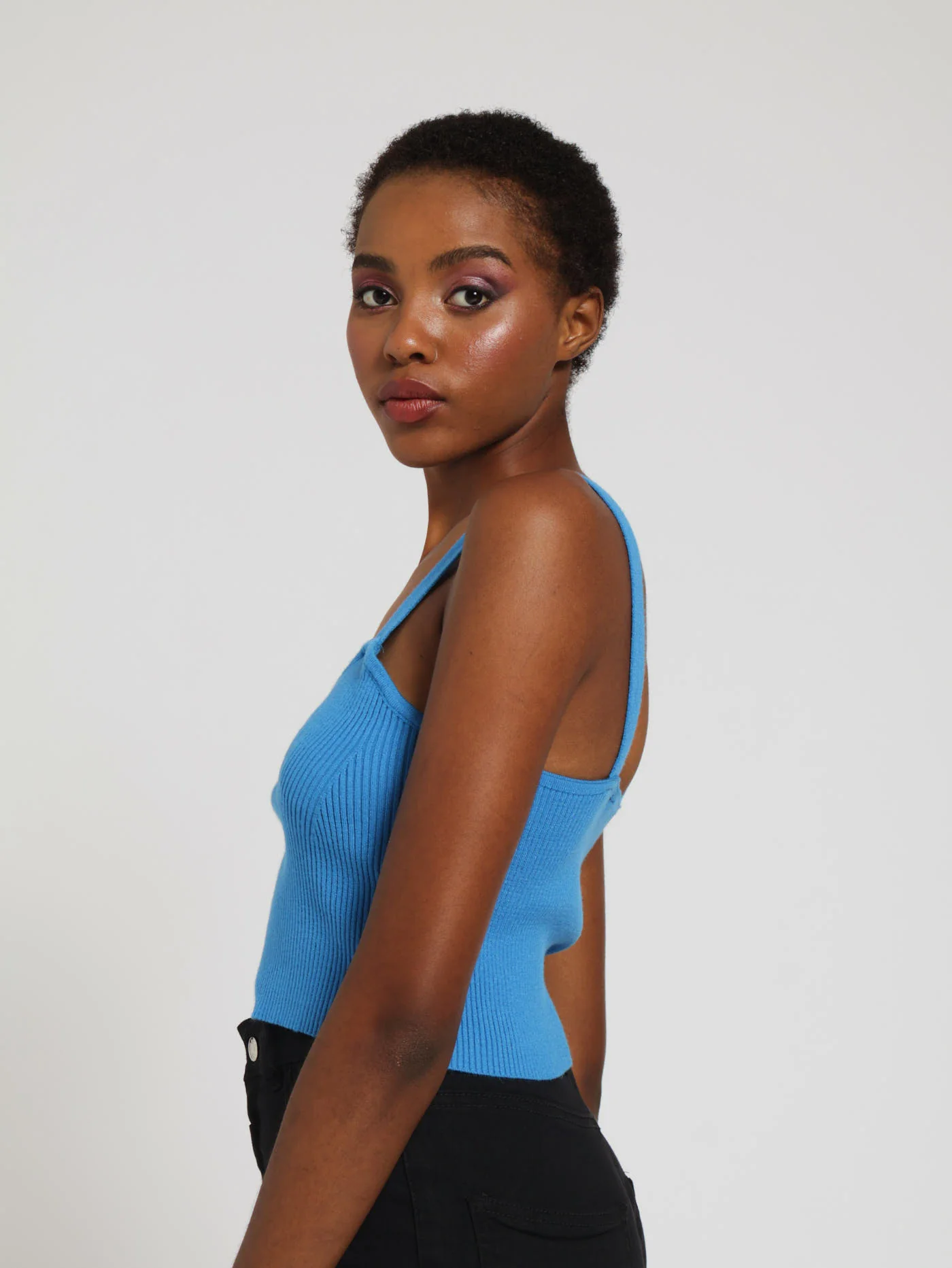 Wide Strap Bust Detail Knitwear Top - Blue - Image 2