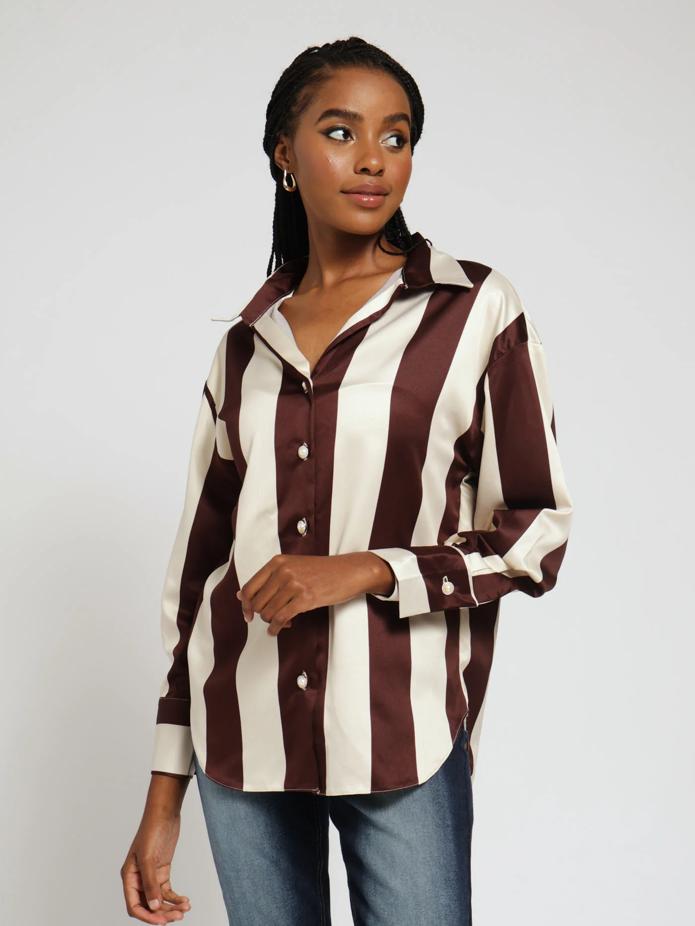 Wide Stripe Button Through Shirt - Beige/Mocha