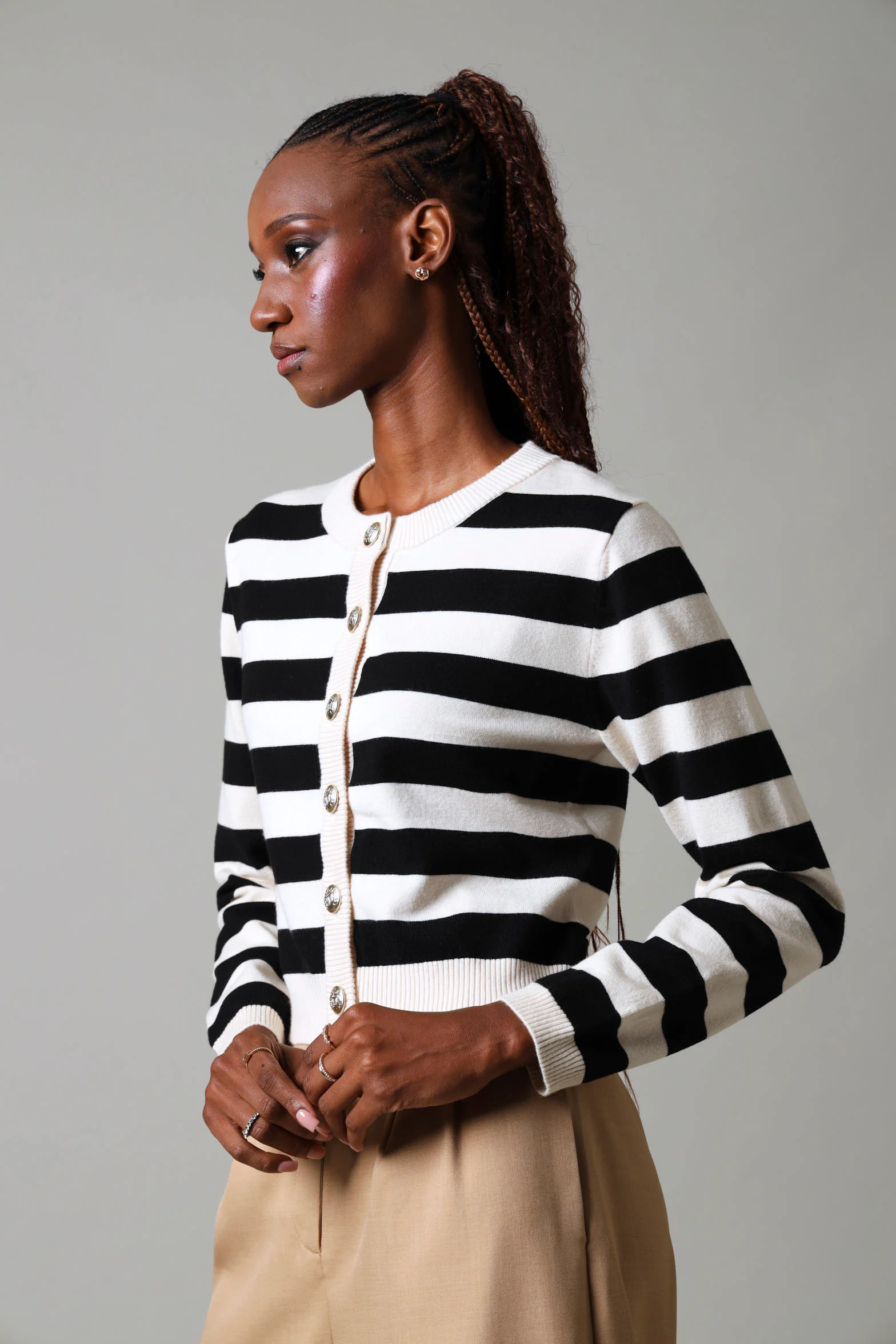 Wide Stripe Cardigan - Black/Cream - Image 4