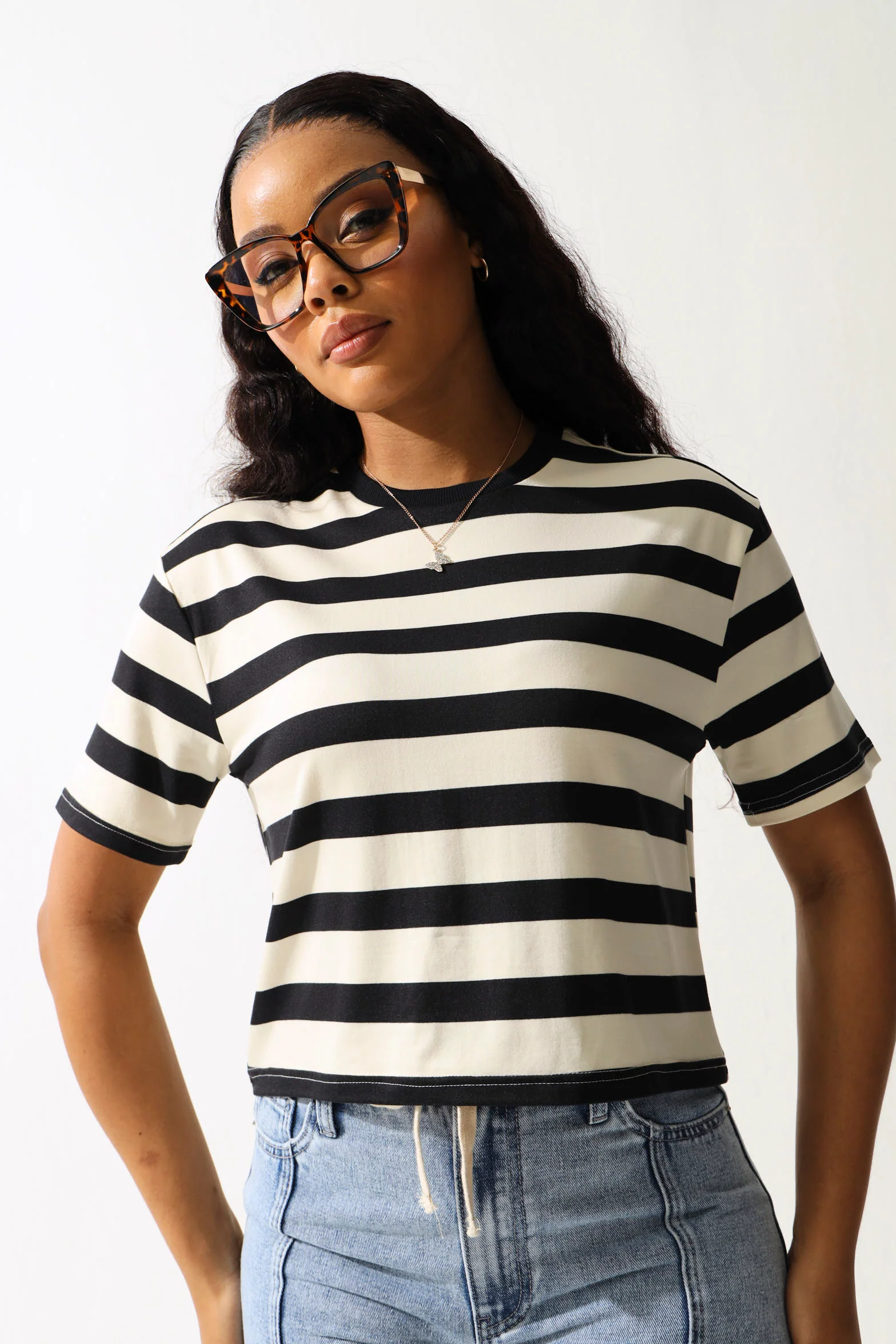 Wide Stripe Cropped Tee - Black/Beige
