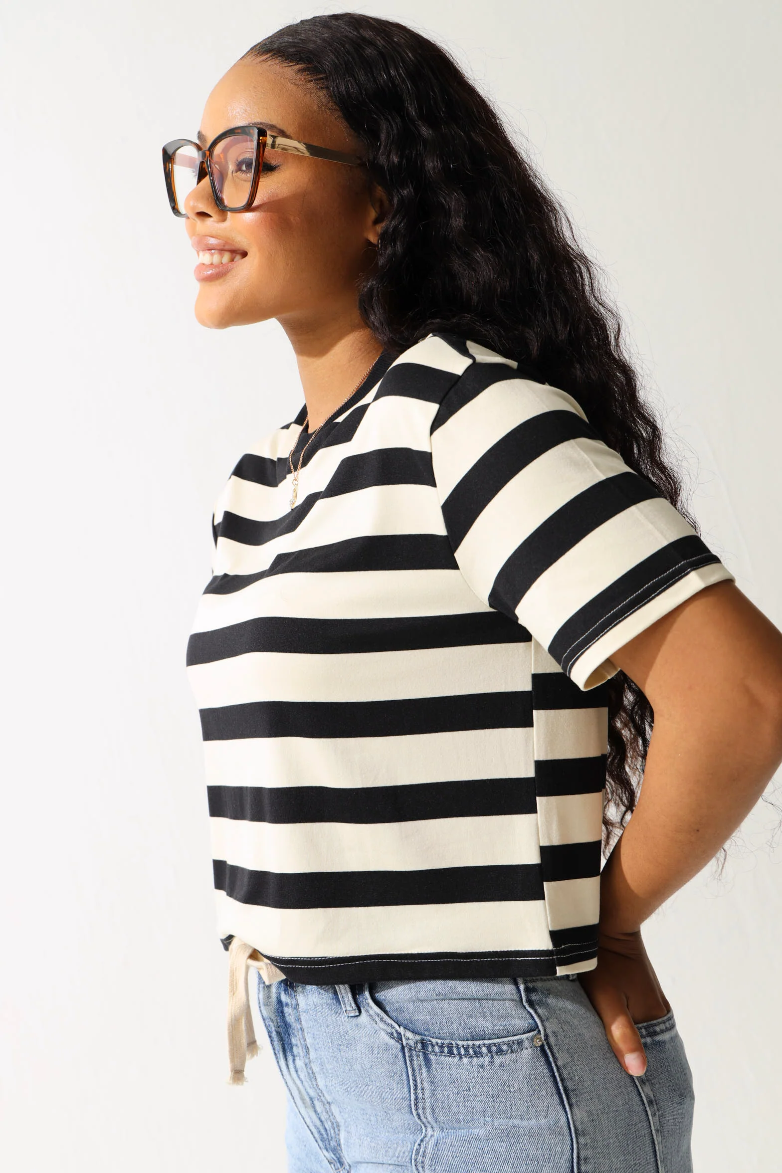 Wide Stripe Cropped Tee - Black/Beige - Image 3