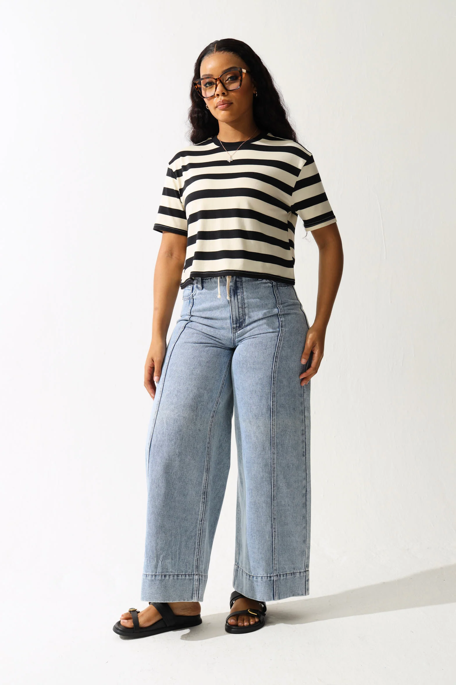 Wide Stripe Cropped Tee - Black/Beige - Image 4