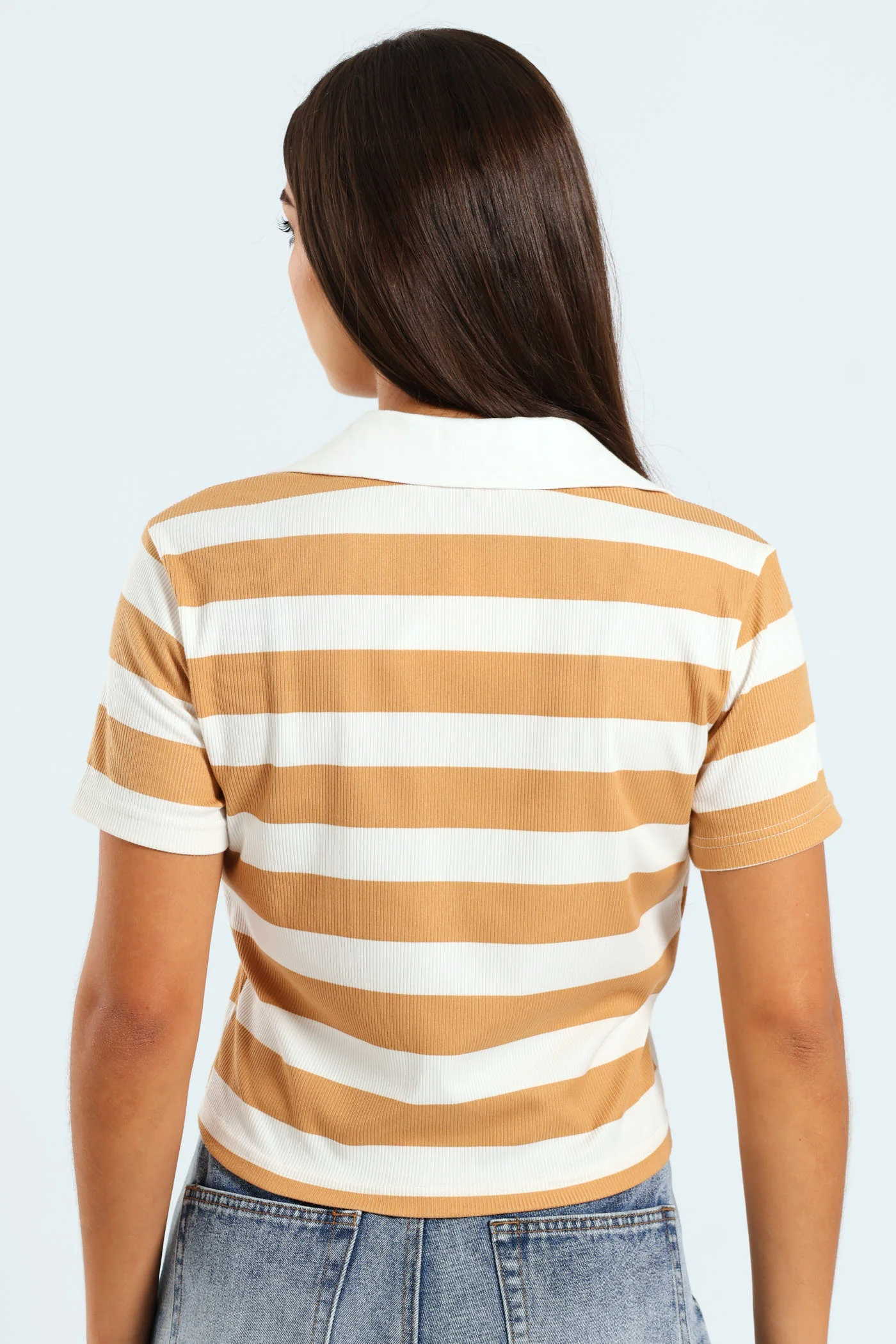 Wide Stripe Golfer With Contrast Collar - Beige - Image 3