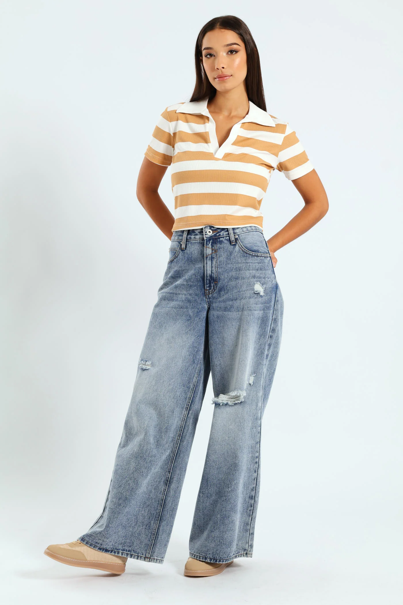 Wide Stripe Golfer With Contrast Collar - Beige - Image 5