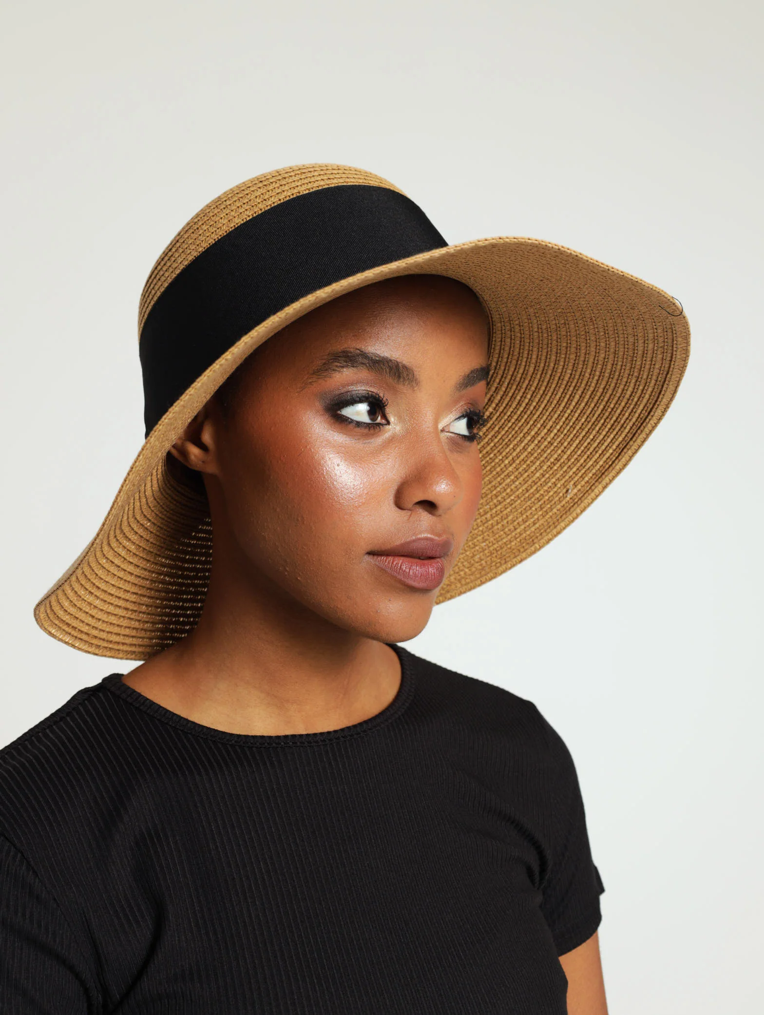 Wide Turned Edge Black Ribbon Straw Hat